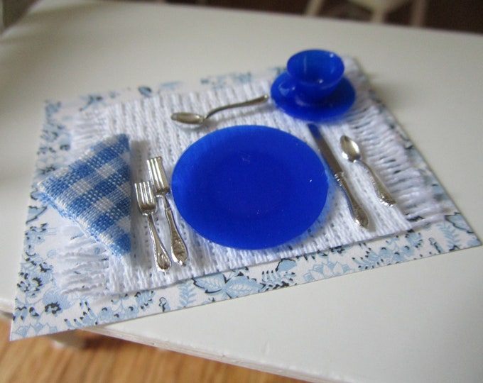Miniature Place Setting Set, Blue Dishes, Placemat, Napkin, Cup and Silverware, 10 Piece Set, Style #46, Dollhouse Miniature, 1:12 Scale