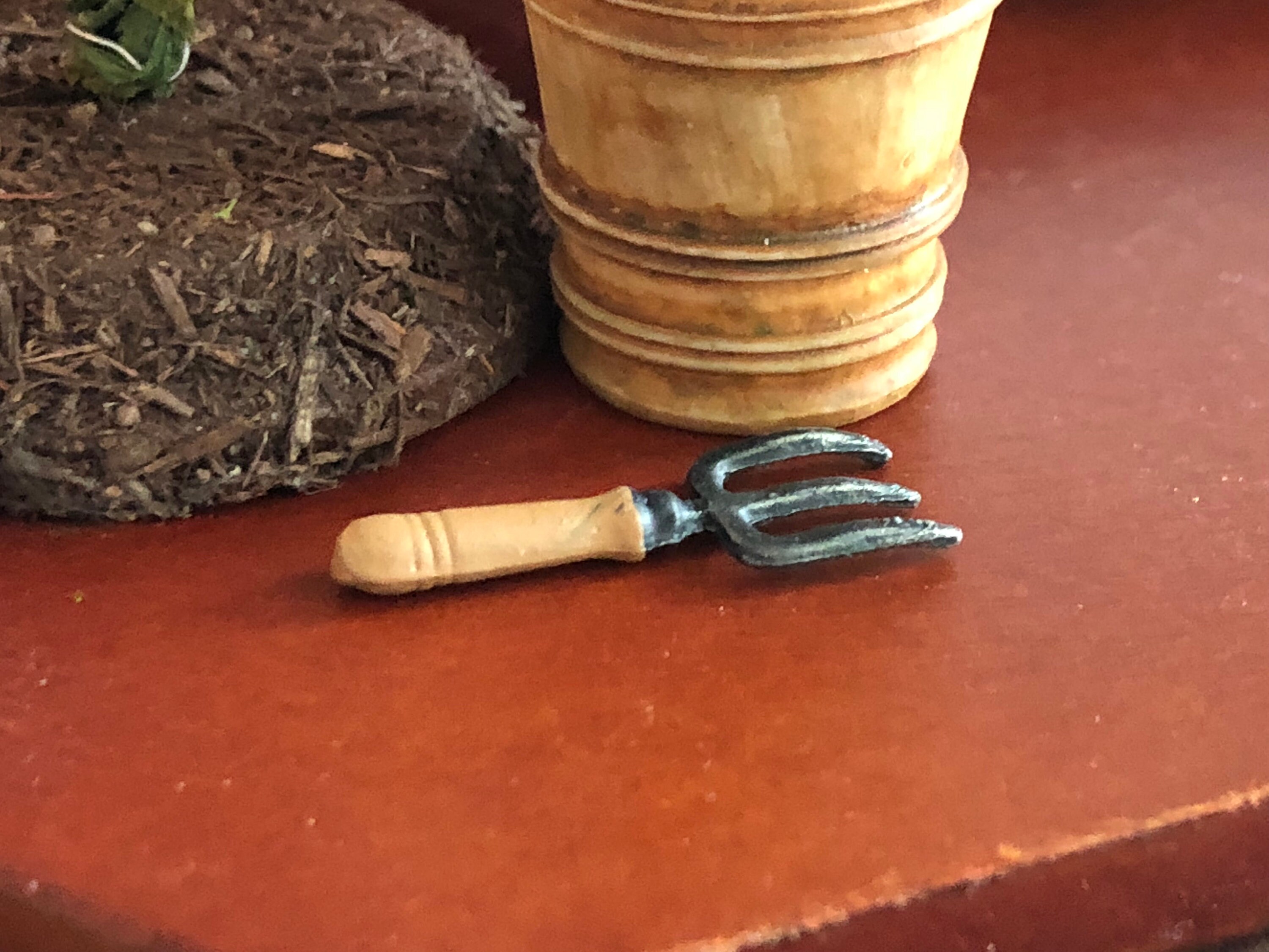 Miniature Garden Fork, Mini Metal Fork, Mini Garden Tool with Wood Look