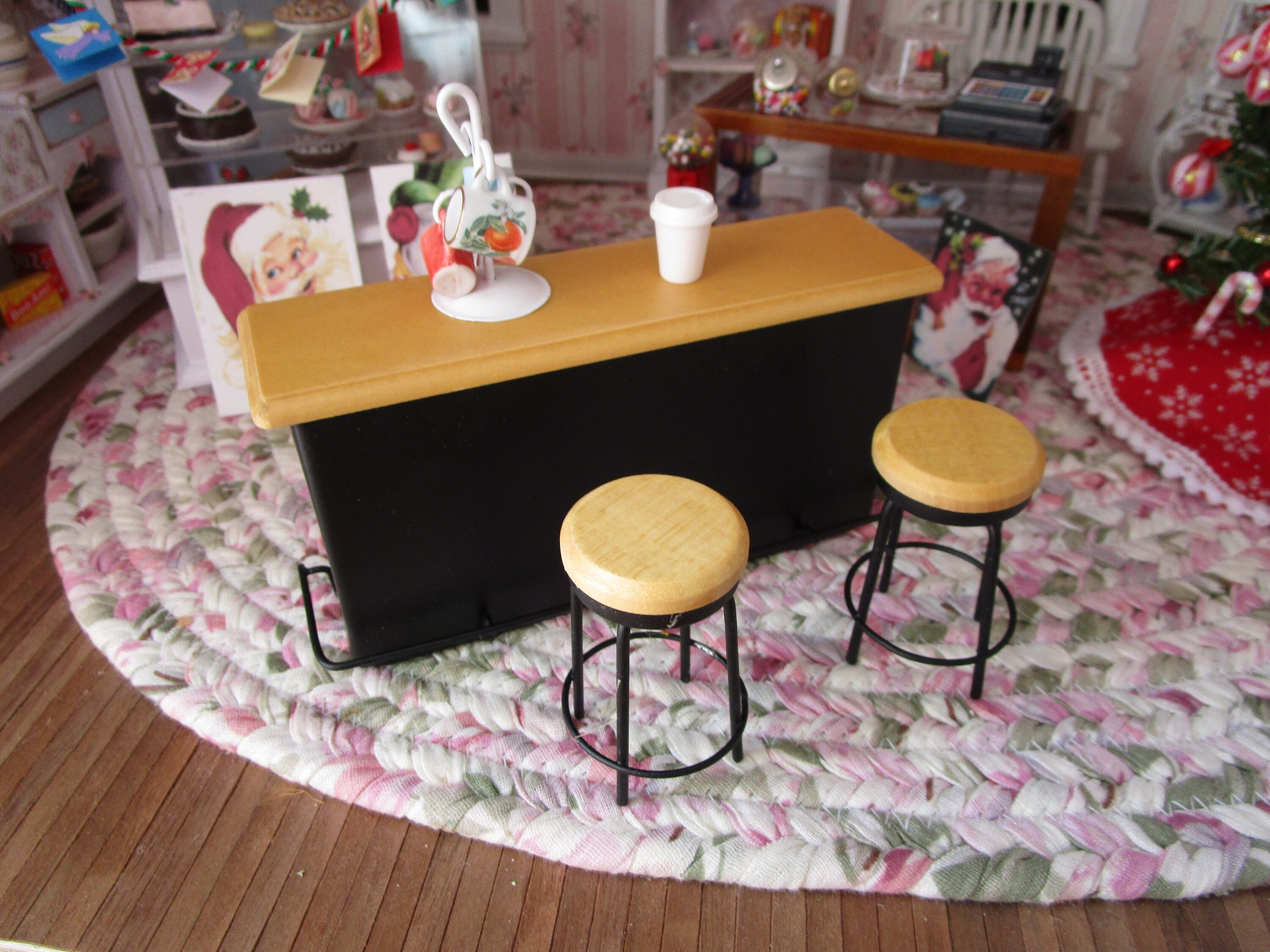 Miniature Counter And Stool Set, Mini Black Metal And Wood Bar Counter