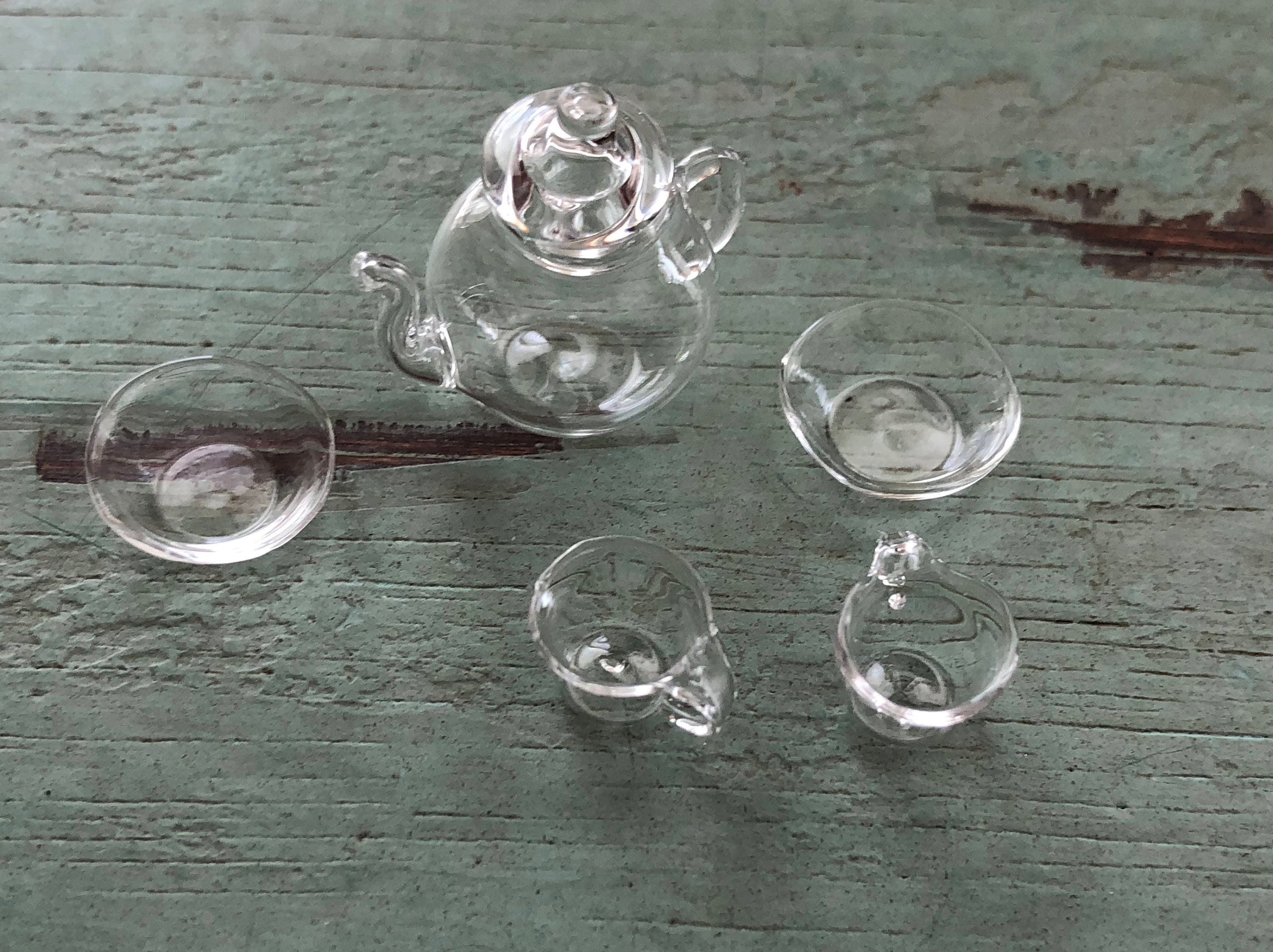 Miniature Glass Tea Set, Teapot, 2 Cups and 2 Saucers, Clear Glass Tea
