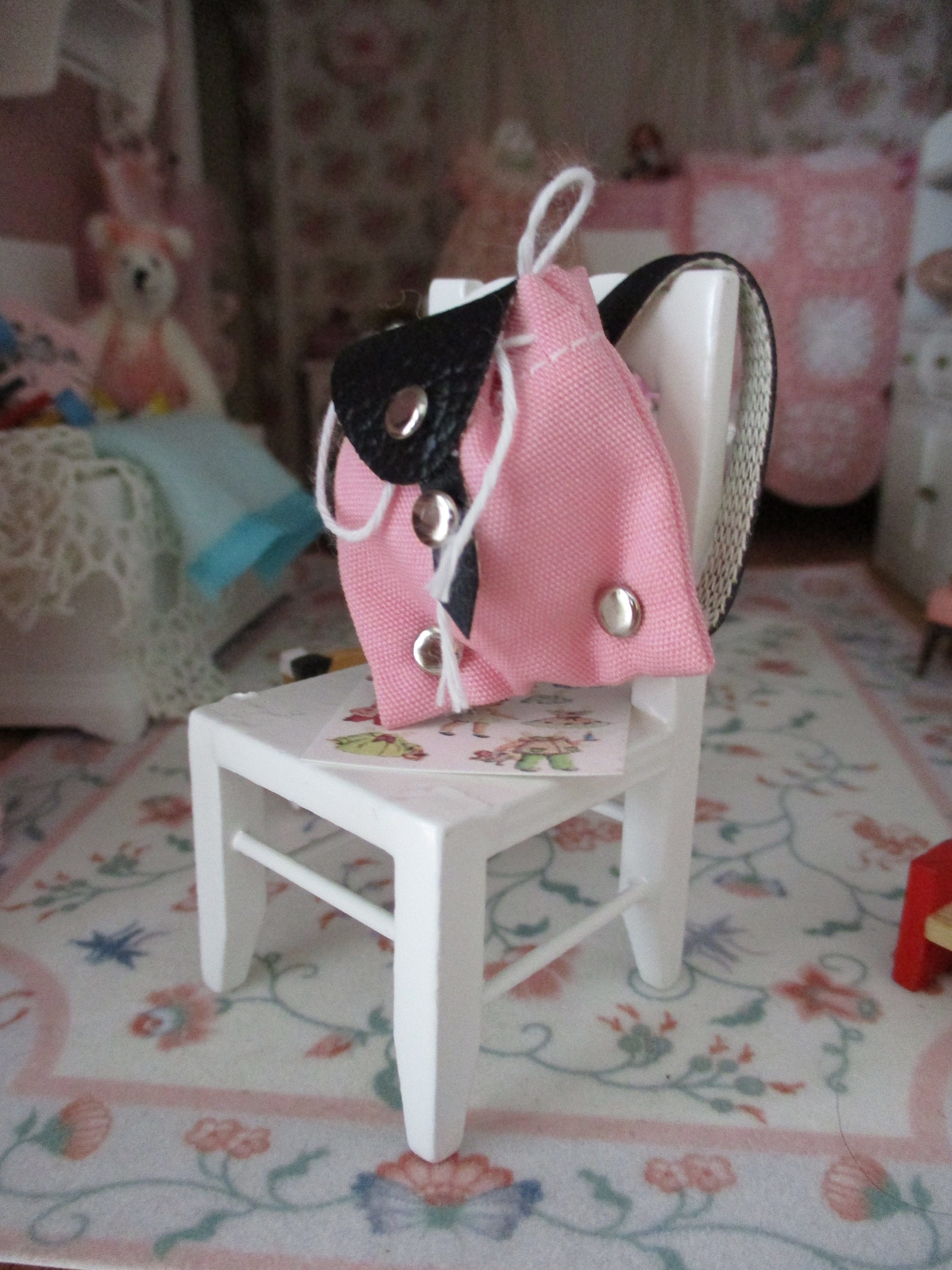 Miniature Backpack, Mini Pink and Black Back Pack, Dollhouse Miniature