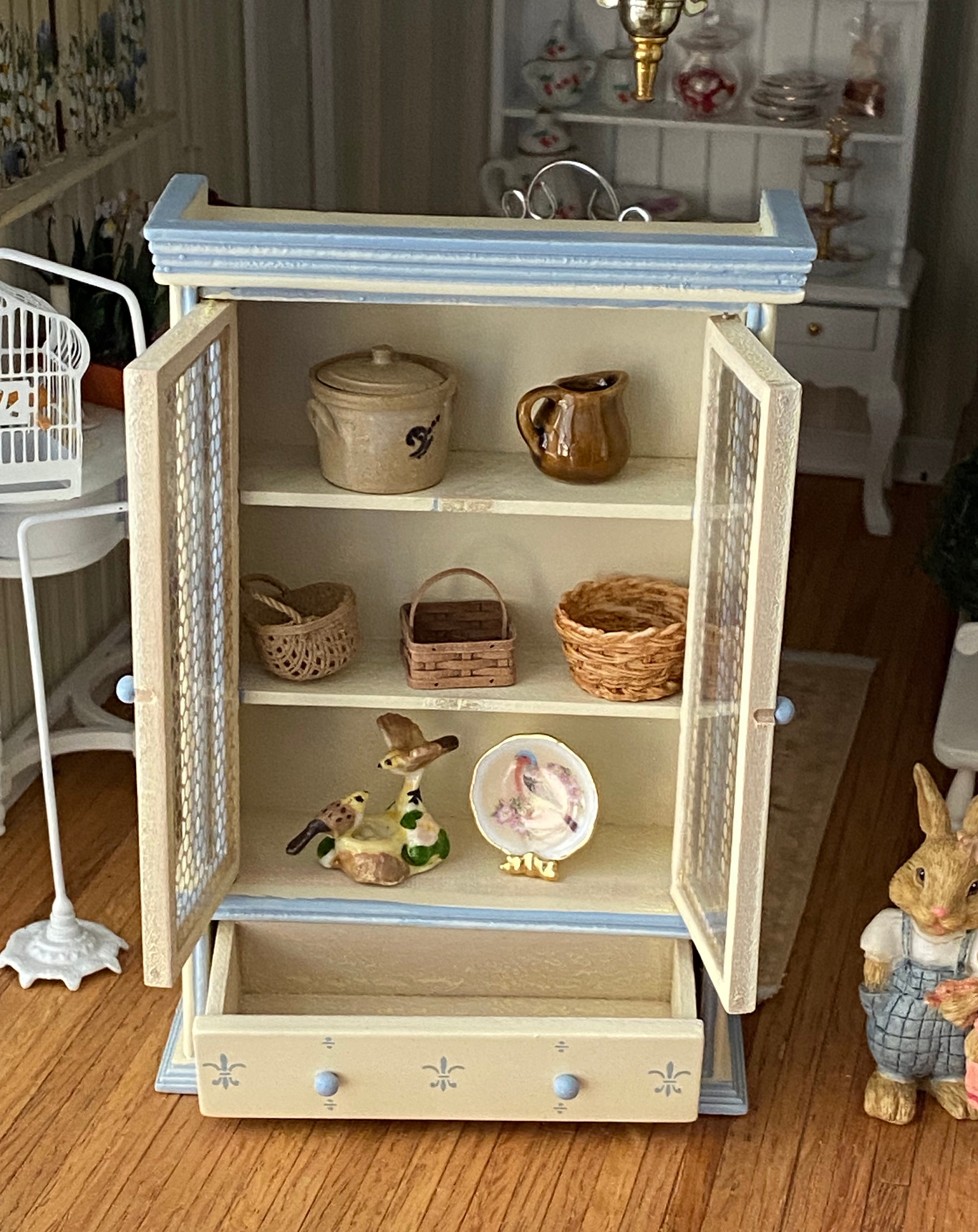 Miniature Hutch, Painted Blue & Cream 2 Door Hutch With Bottom