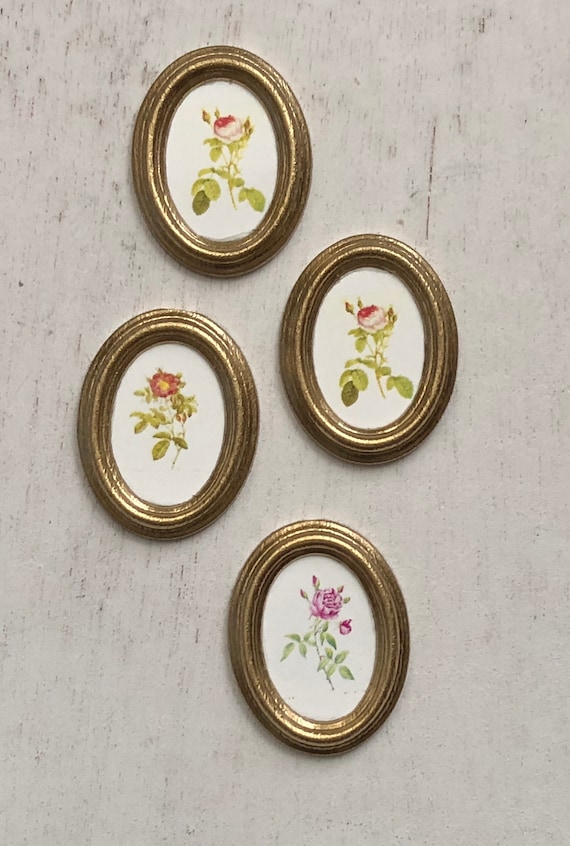Dollhouse Miniature 1:12 Scale Set of 2 Gold Oval Framed Vintage Look Floral ...