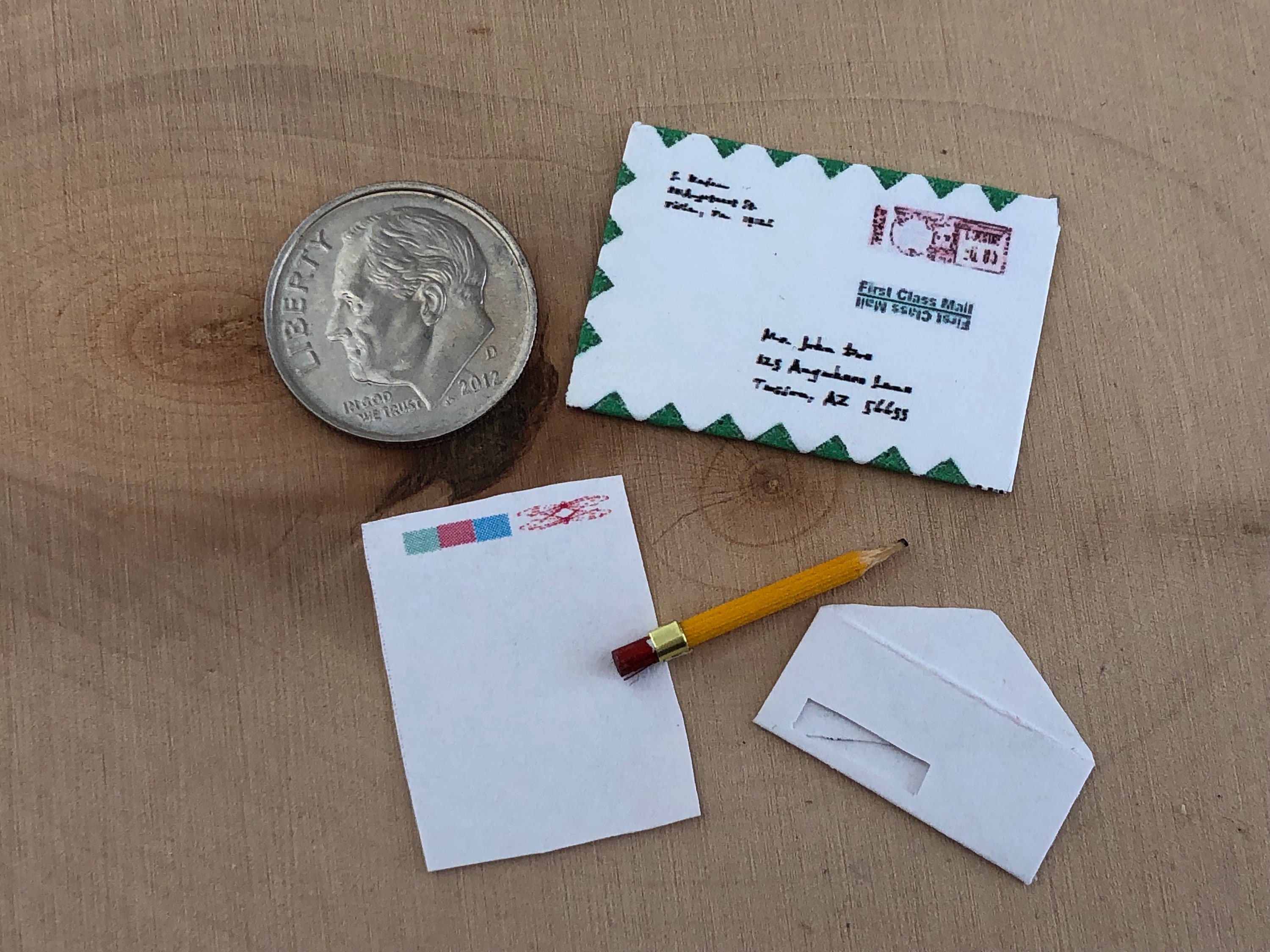 Miniature Mailing Envelopes, Paper and Pencil Set, Dollhouse Miniatures