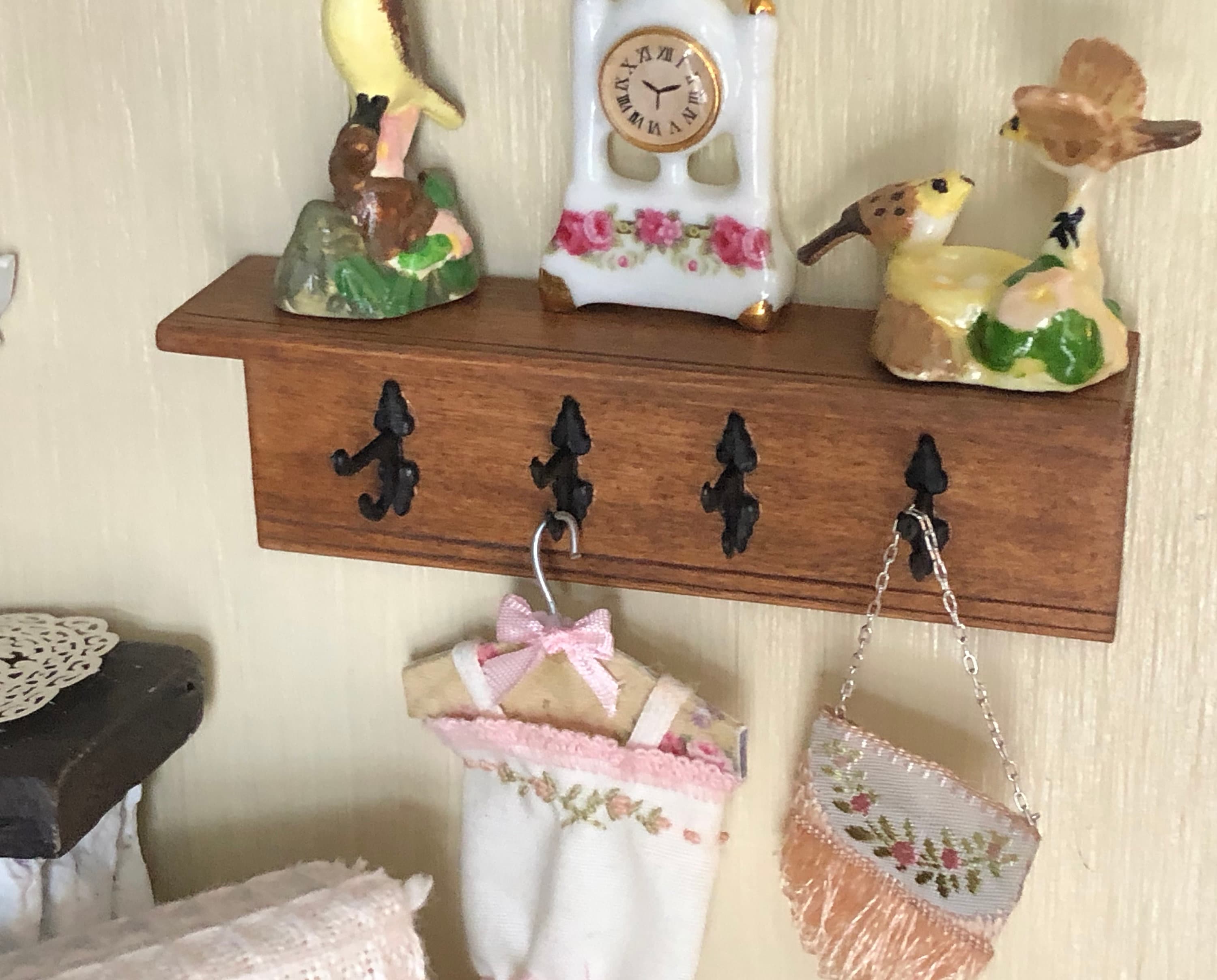 Miniature Coat Rack Shelf, Mini Shelf with 4 Hooks, Wood Shelf