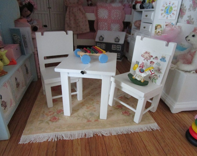 Miniature Child Table and Chair Set, White Wood Play Table and Chair Set, Dollhouse Miniature, 1:12 Scale, Dollhouse Furniture, Kids Table