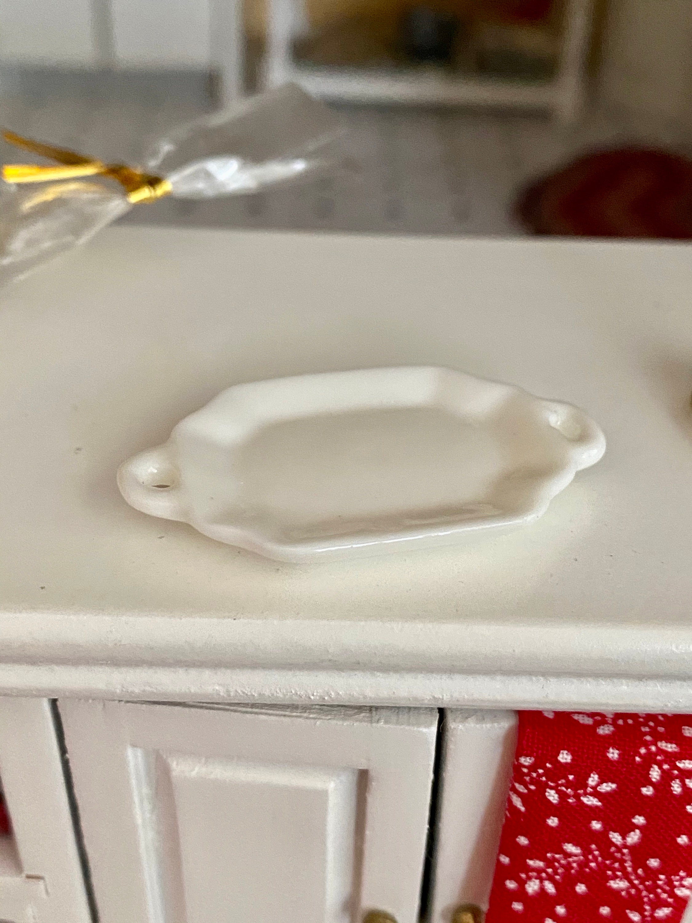 Miniature Serving Tray, White Ceramic Handle Plate Tray, Dollhouse