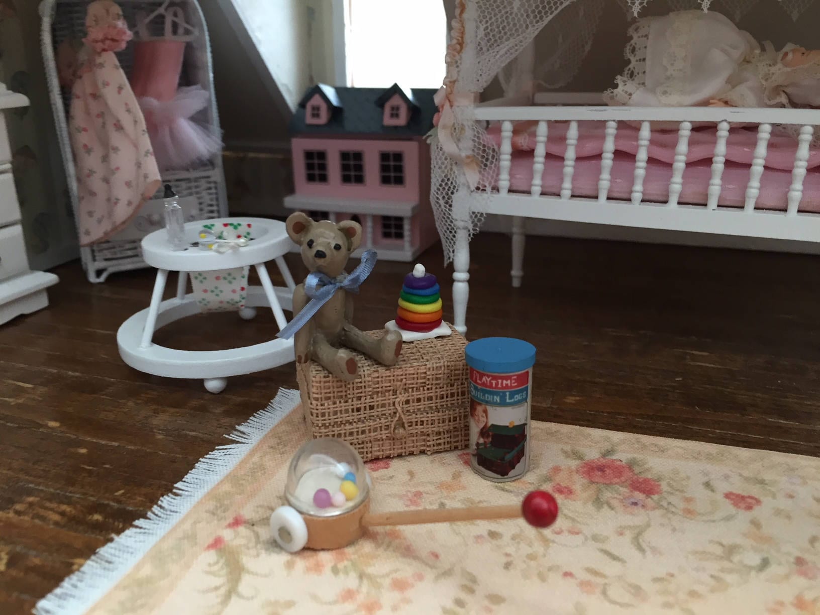 Miniature Teddy Bear with Bow, Dollhouse Miniature, 112 Scale, Bear