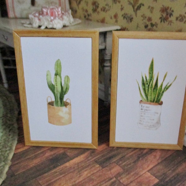 Miniature Framed Pictures, Mini Cactus Plant Pictures, 2 Piece Set, Dollhouse Miniatures, 1:12 Scale, Mini Wall Decor