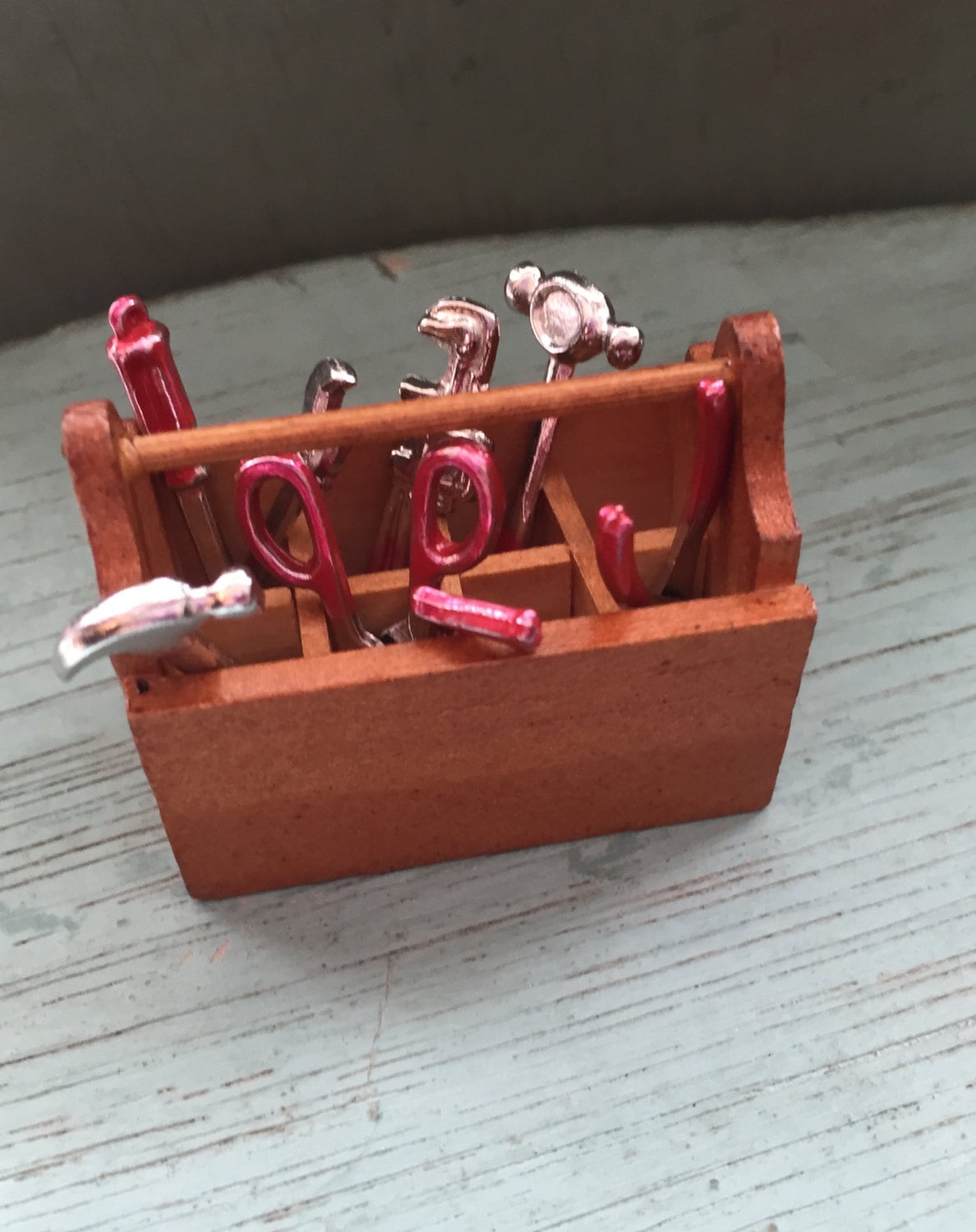 Miniature Wood Tool Box With Tools, Dollhouse Miniature, 112 Scale, 8