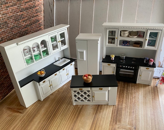 Miniature Kitchen Set, 5 PC Set, Island, Fridge, Stove, Sink, White Black Kitchen, Dollhouse Miniature Furniture, 1:12 Scale, White Kitchen