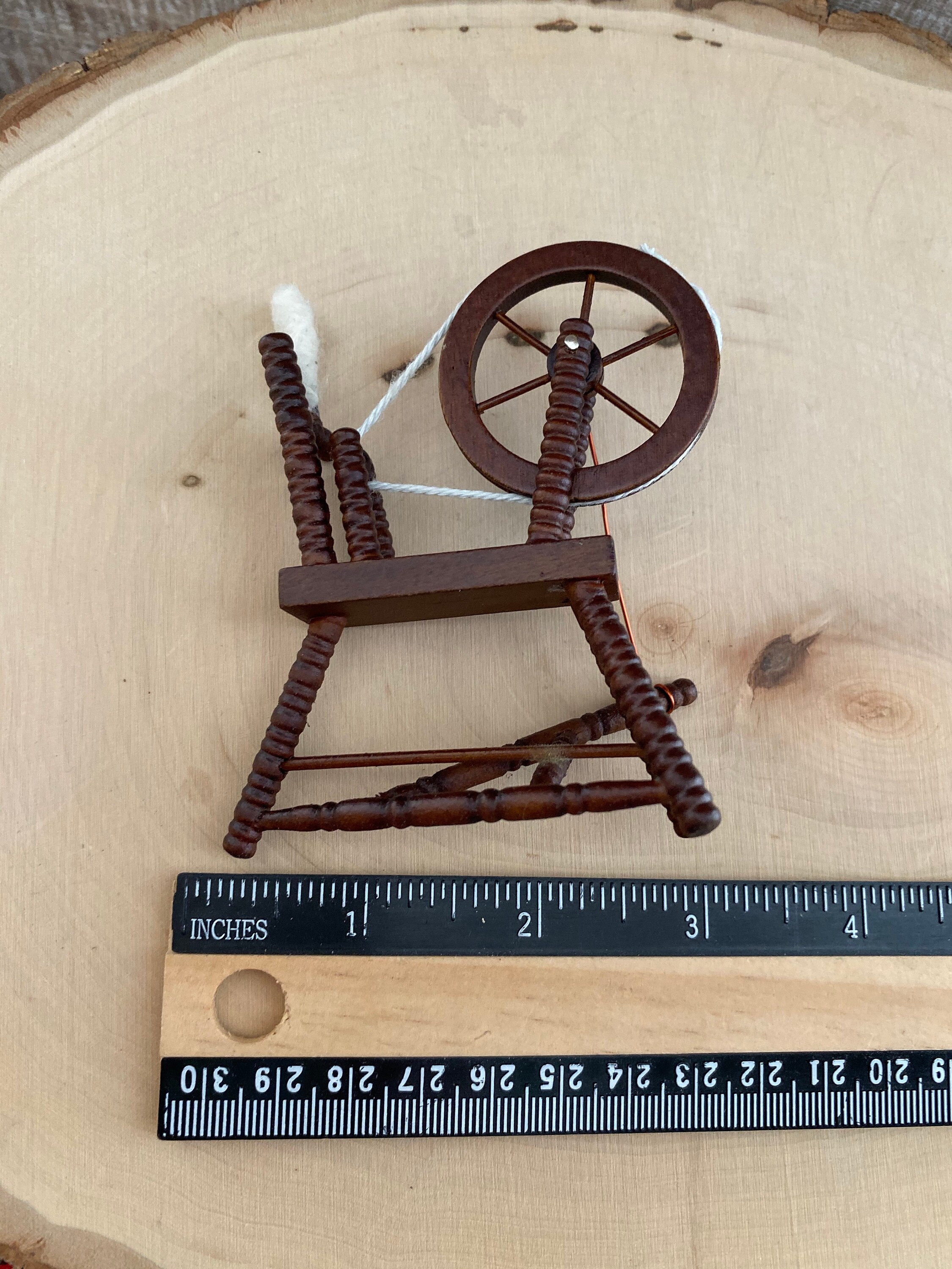Miniature Spinning Wheel, Walnut Finish Wood Wheel, Dollhouse Miniature