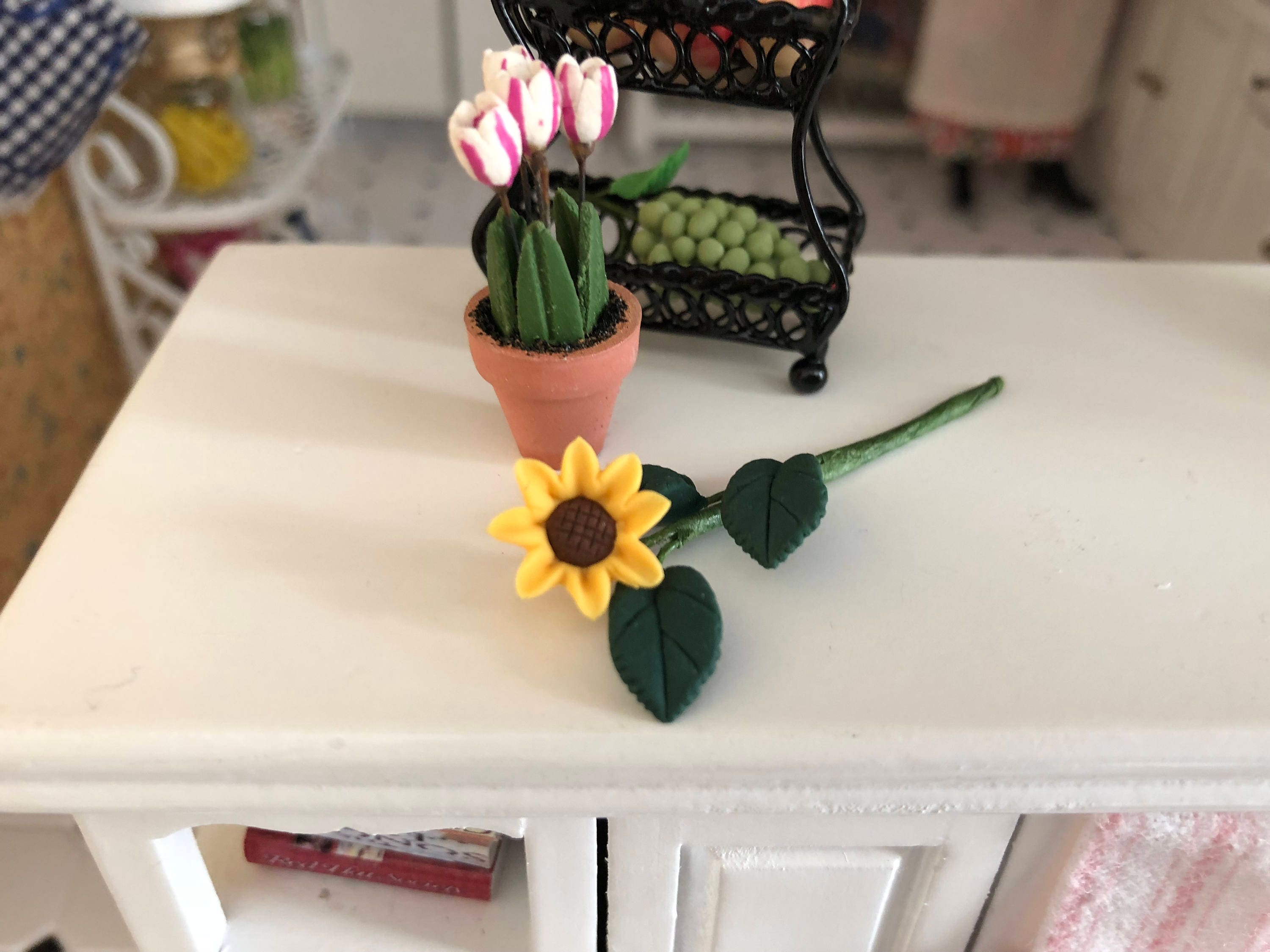 Miniature Sunflower, Single Sunflower With Leaves Stem, Dollhouse