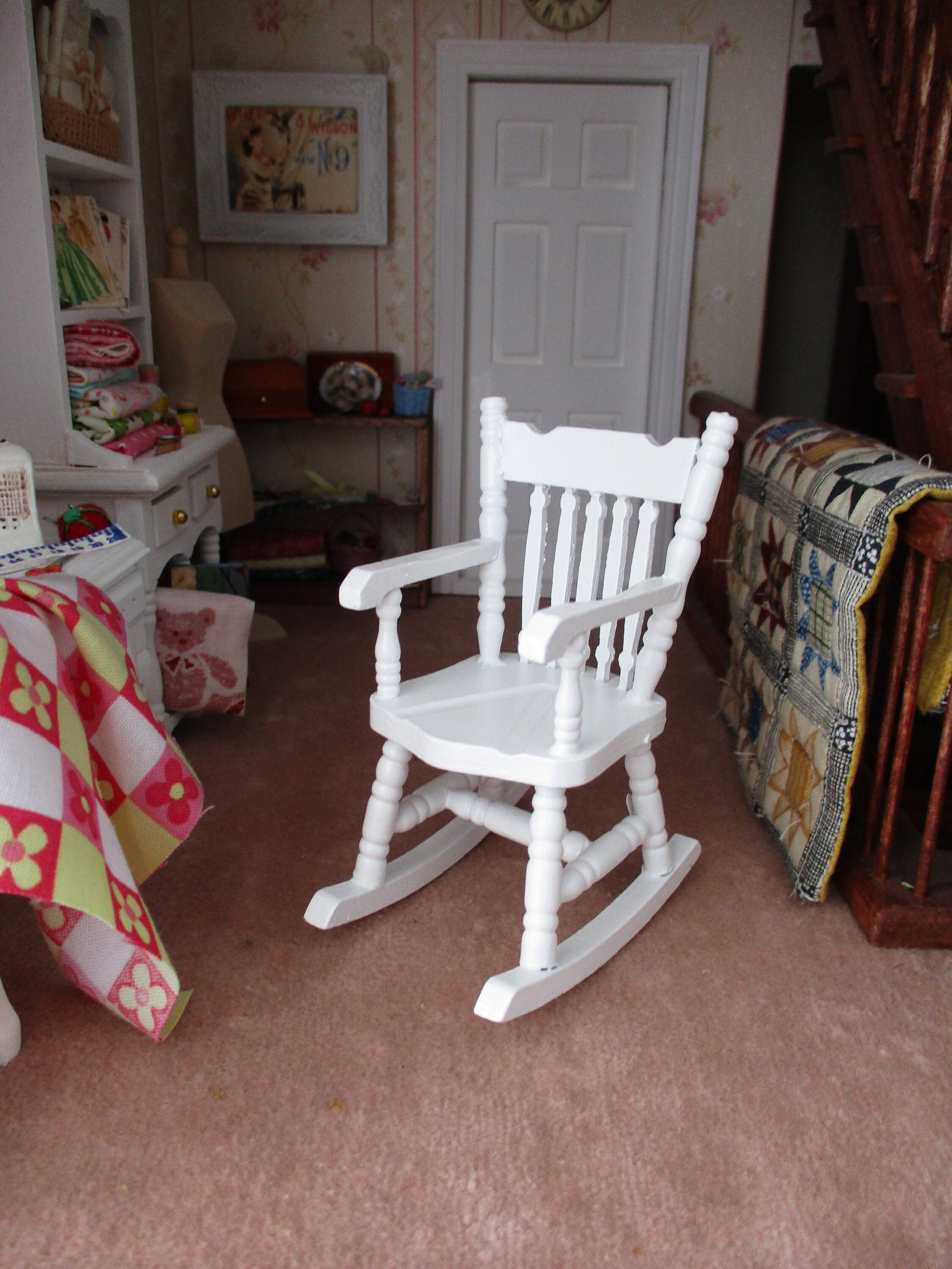Miniature White Wood Rocking Chair, Style 02, Dollhouse Miniature