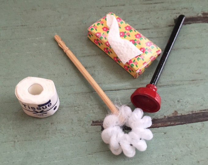 Miniature Bathroom Cleaning, Accessories Set, Dollhouse Miniatures by Timeless Minis, Packaged Set With Toilet Paper, Brush, Plunger, Tissue