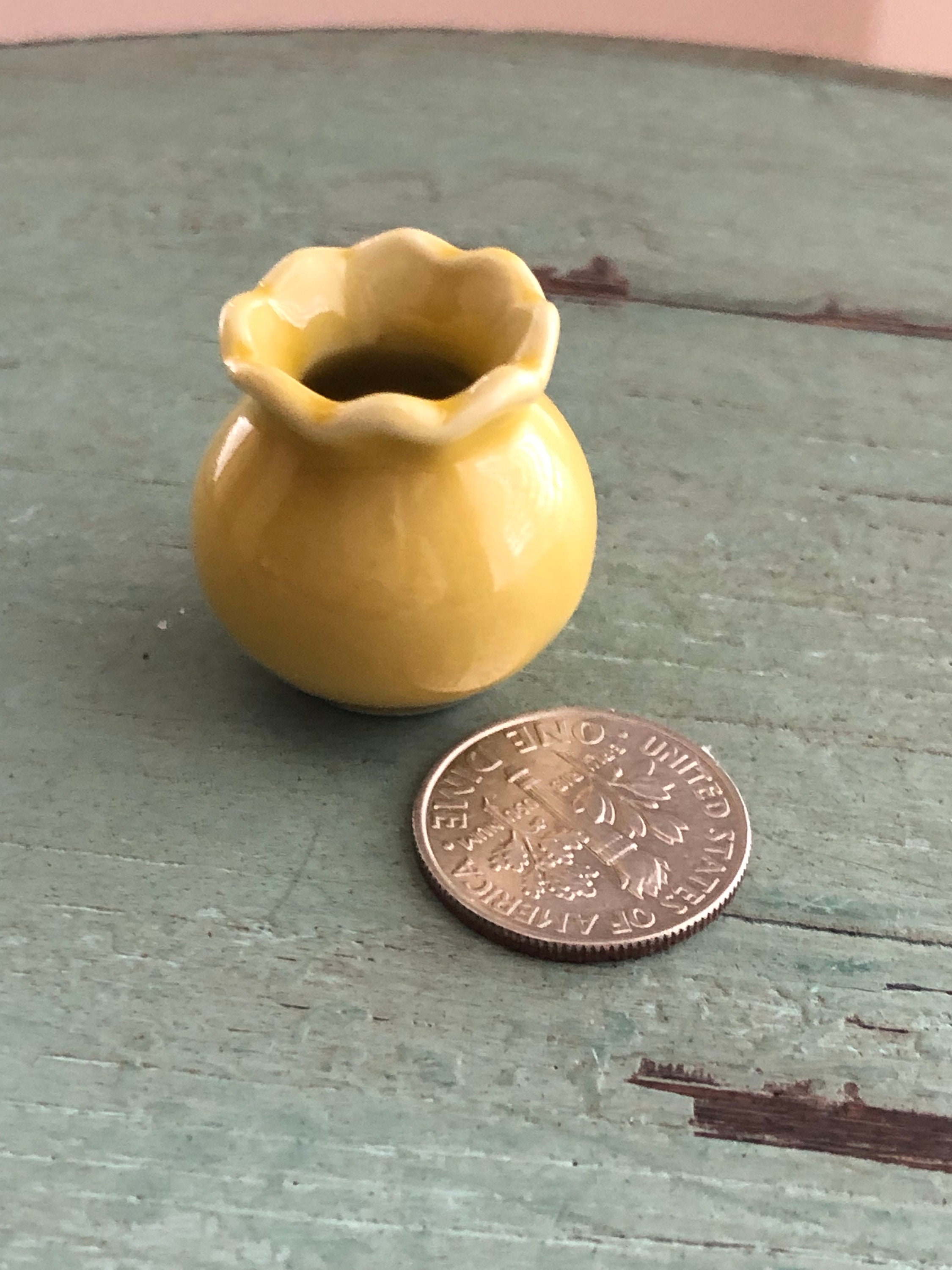 Miniature Ceramic Vase, Round Yellow Fluted Vase, Dollhouse Miniature