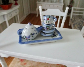 Dolls House Miniature Blue And Metallic Gold Tea Pot 
