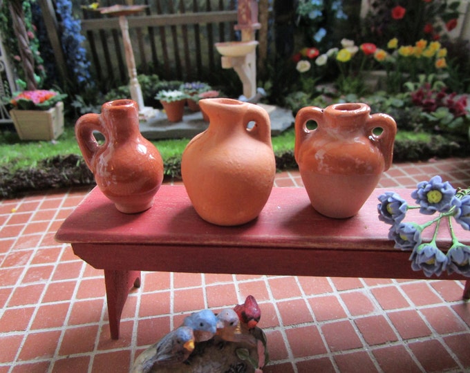 Miniature Terra Cotta Pitcher Jug Set, 3 Pieces, style #99, Dollhouse Miniature, 1:12 Scale, Dollhouse Pottery, Accessory