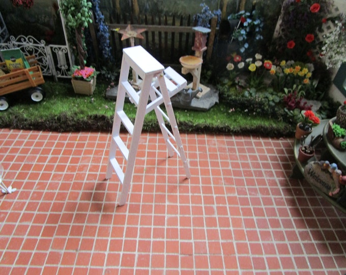 Miniature Ladder, 5 Inch Wood Ladder, White Folding High Ladder, Dollhouse Miniature, 1:12 Scale, Dollhouse Decor, Accessory
