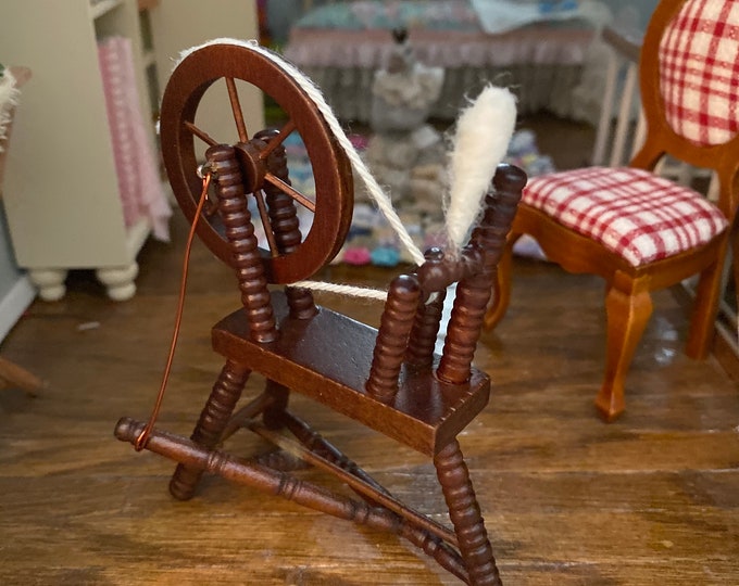 Miniature Spinning Wheel, Walnut Finish Wood Wheel, Dollhouse Miniature, 1:12 Scale, Dollhouse Decor, Accessory