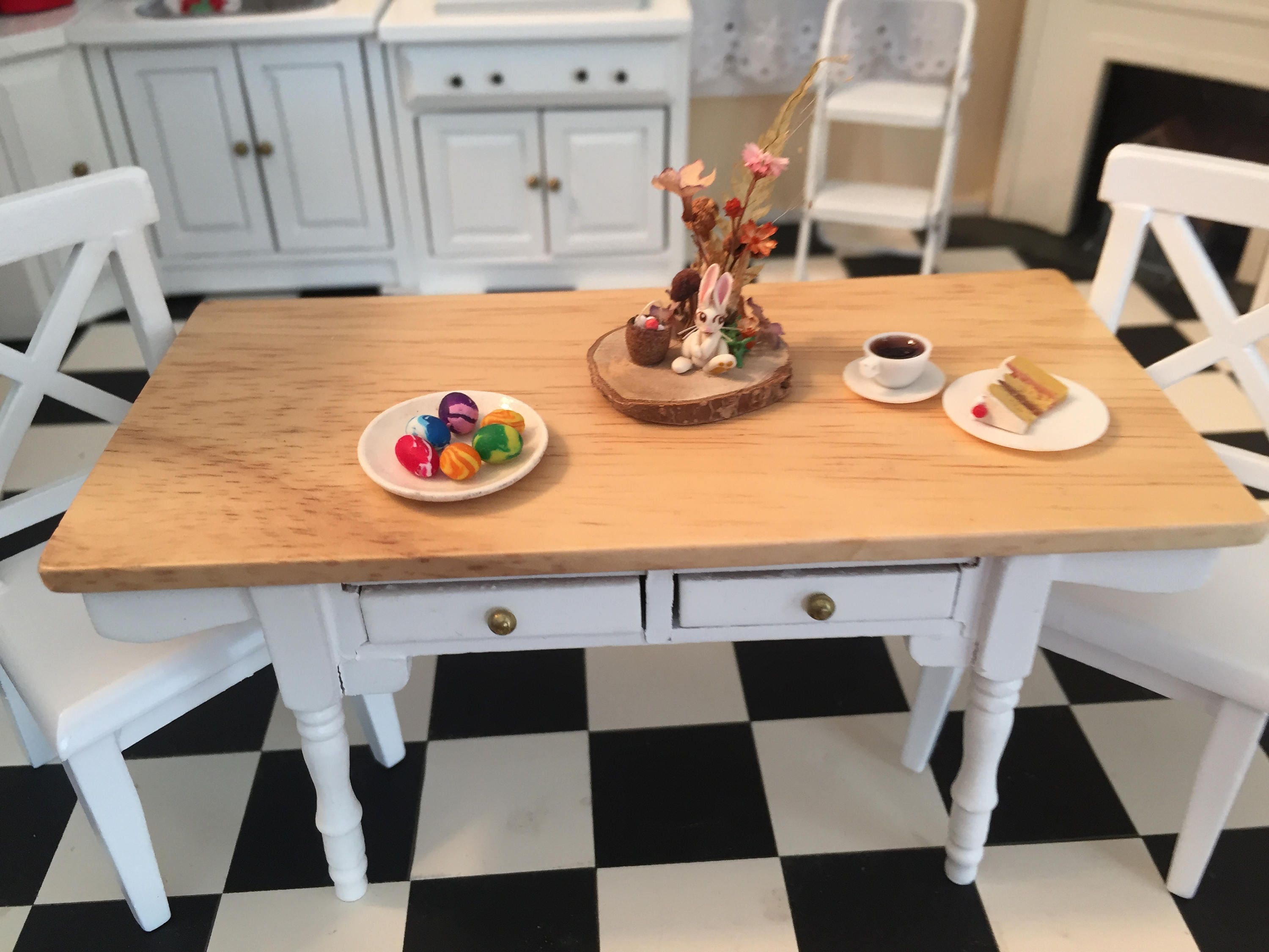 Miniature White Vermont Table With 2 Drawers, Oak Wood Top, Dollhouse
