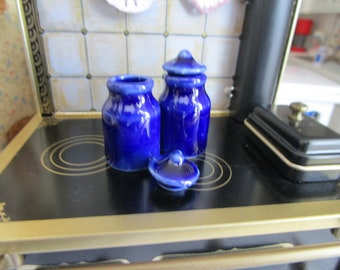 Miniature Blue Ceramic Canister Jars, Removable Lids, 2 Piece Set, Mini Jars, Style #39,  Dollhouse Miniatures, 1:12 Scale, Dollhouse Decor