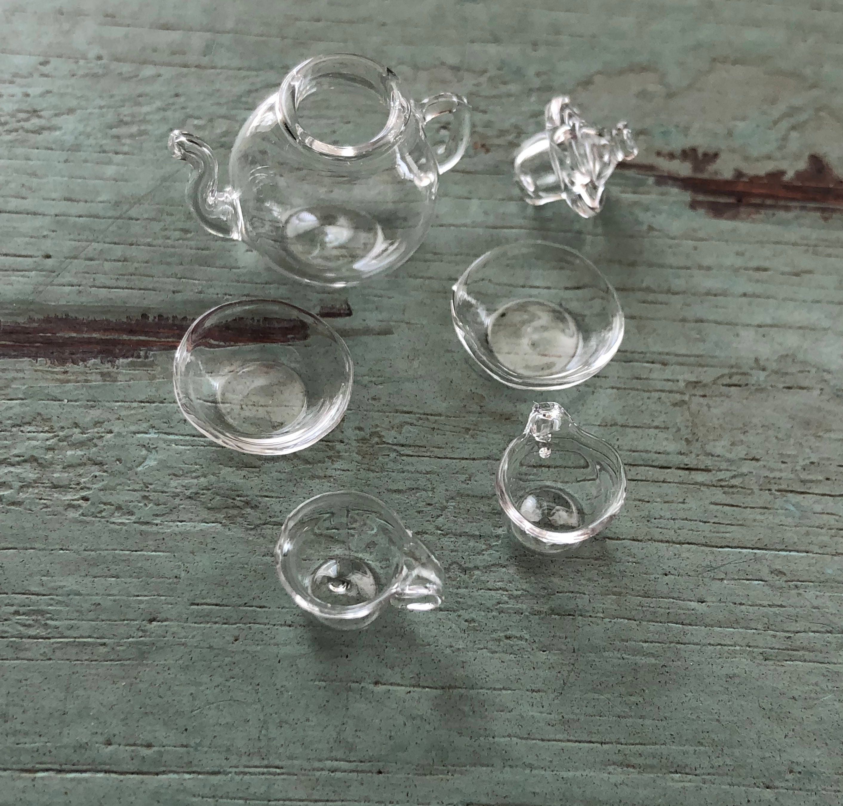 Miniature Glass Tea Set, Teapot, 2 Cups and 2 Saucers, Clear Glass Tea