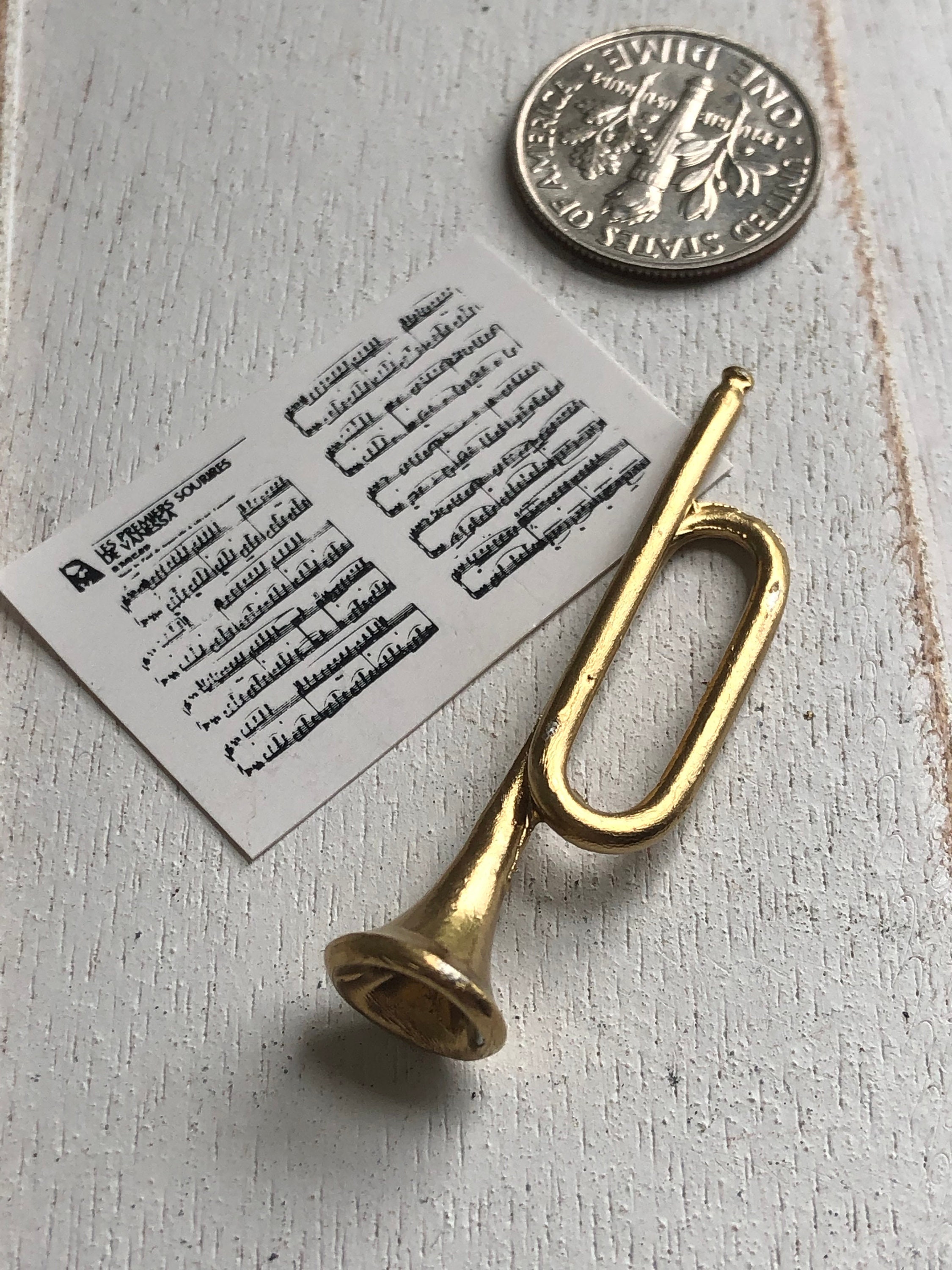 Miniature Bugle, Mini Gold Bugle and Sheet Music Set, Style 80