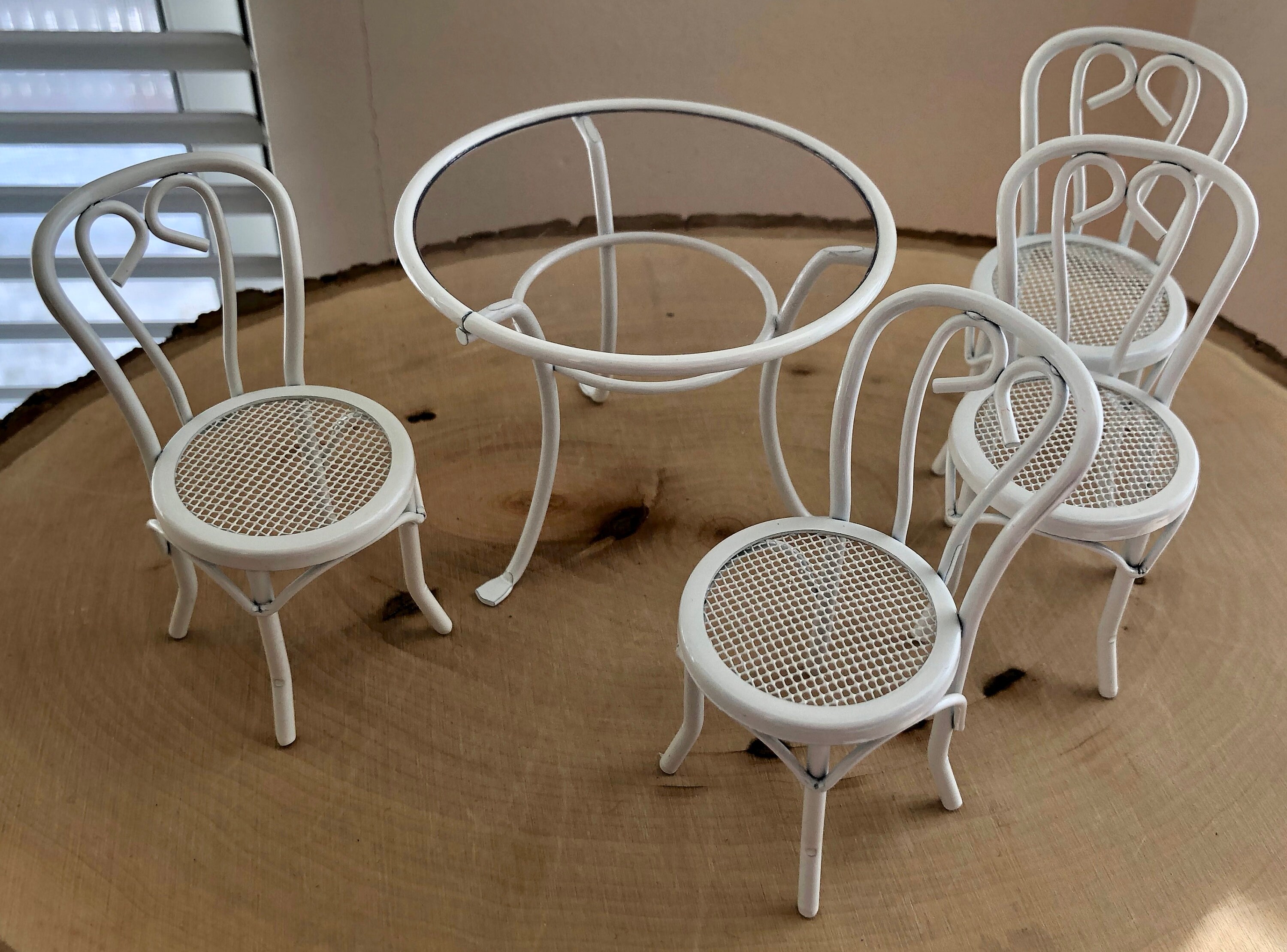 Miniature Table and Chair Set, White Table with Clear Top and 4 Chairs