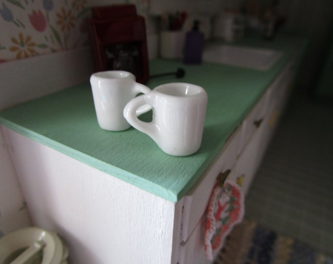 Miniature Coffee Cups, Mini 2 Piece White Ceramic Coffee Mug Set, Style #19, Dollhouse Miniatures, 1:12 Scale, Mini White Cups