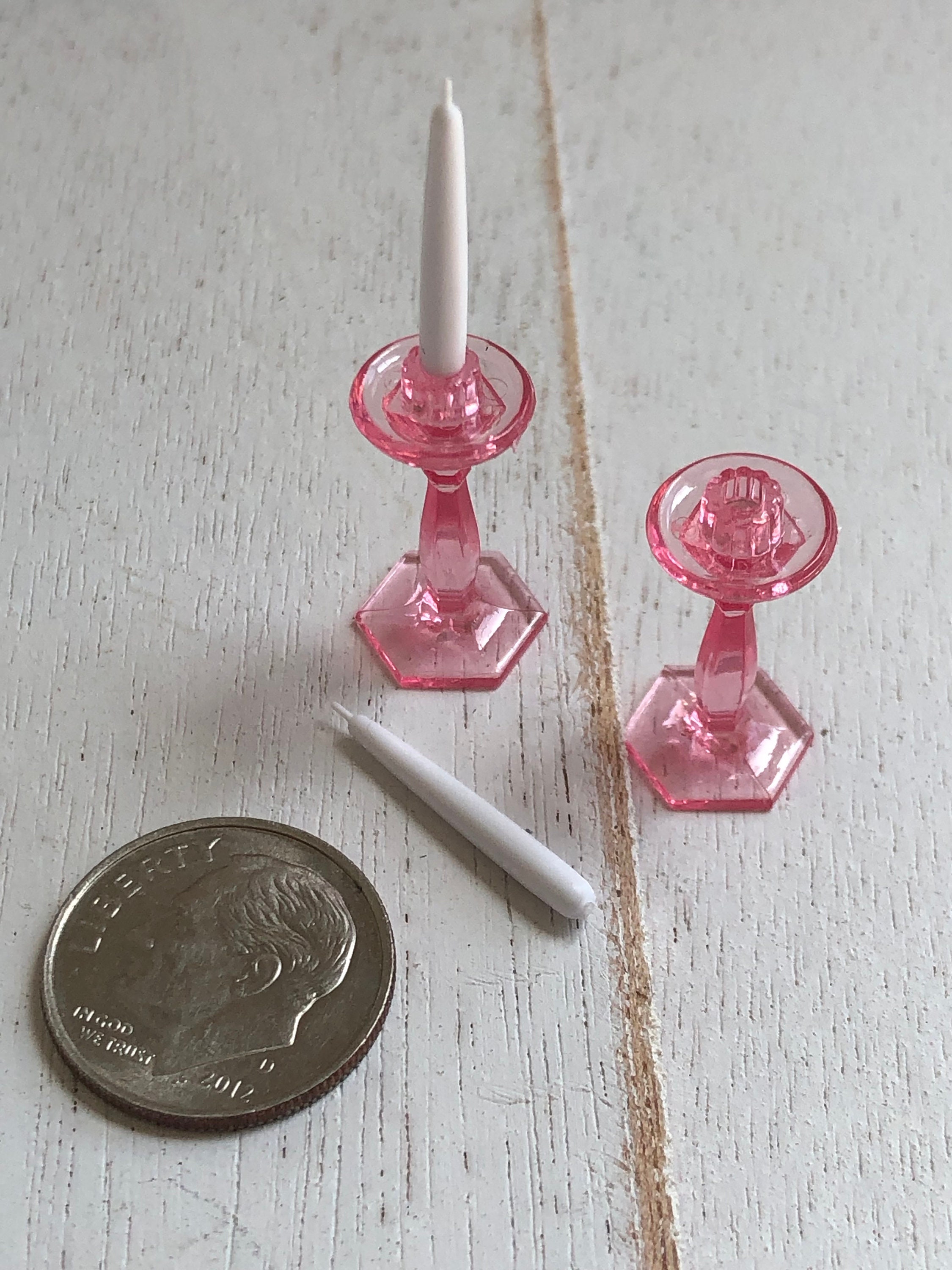 Miniature Candlesticks, Pink Candle Holders and White Candles Set