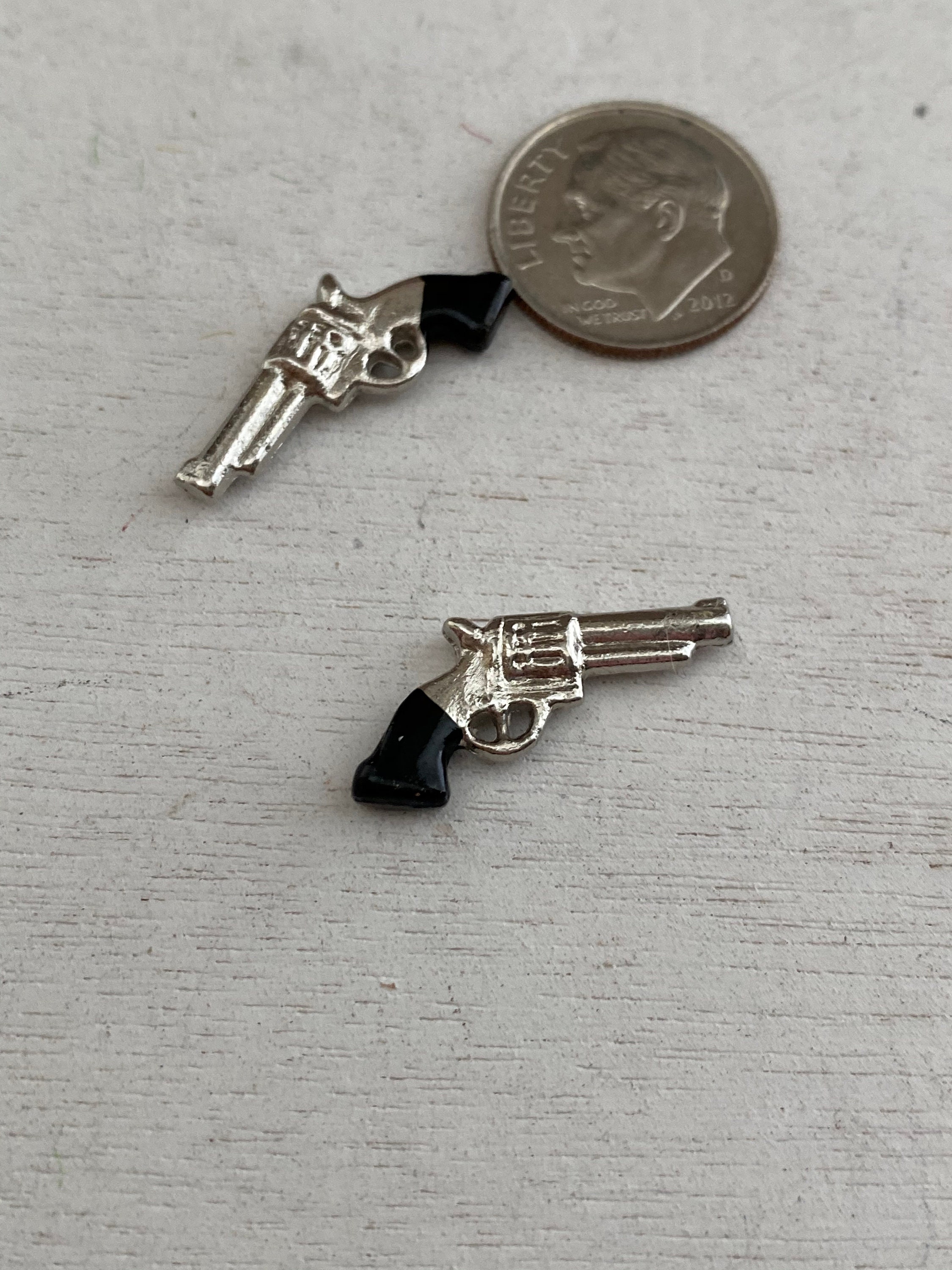 Miniature Pistols, Mini Silver Guns, 2 Piece Set, Dollhouse Miniature, 112 Scale, Mini Toy