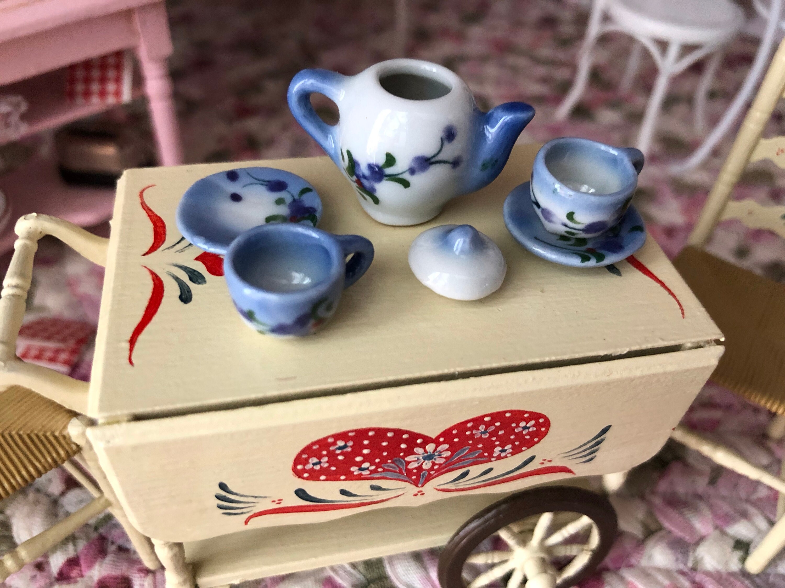 Miniature Tea Set, Blue and White Ceramic 6 Piece Mini Tea Set