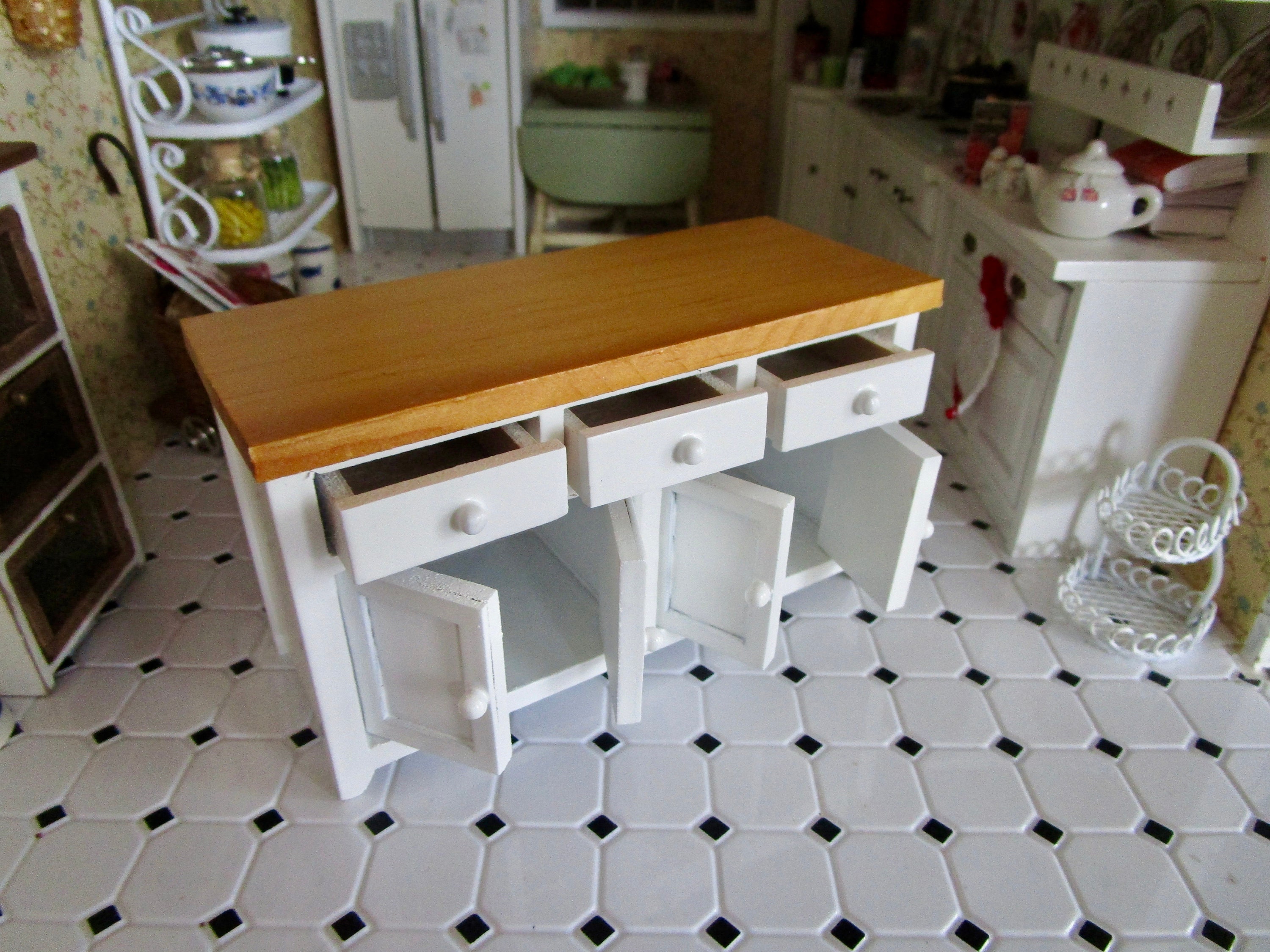 Miniature Kitchen Counter, Mini Island White With Wood Top