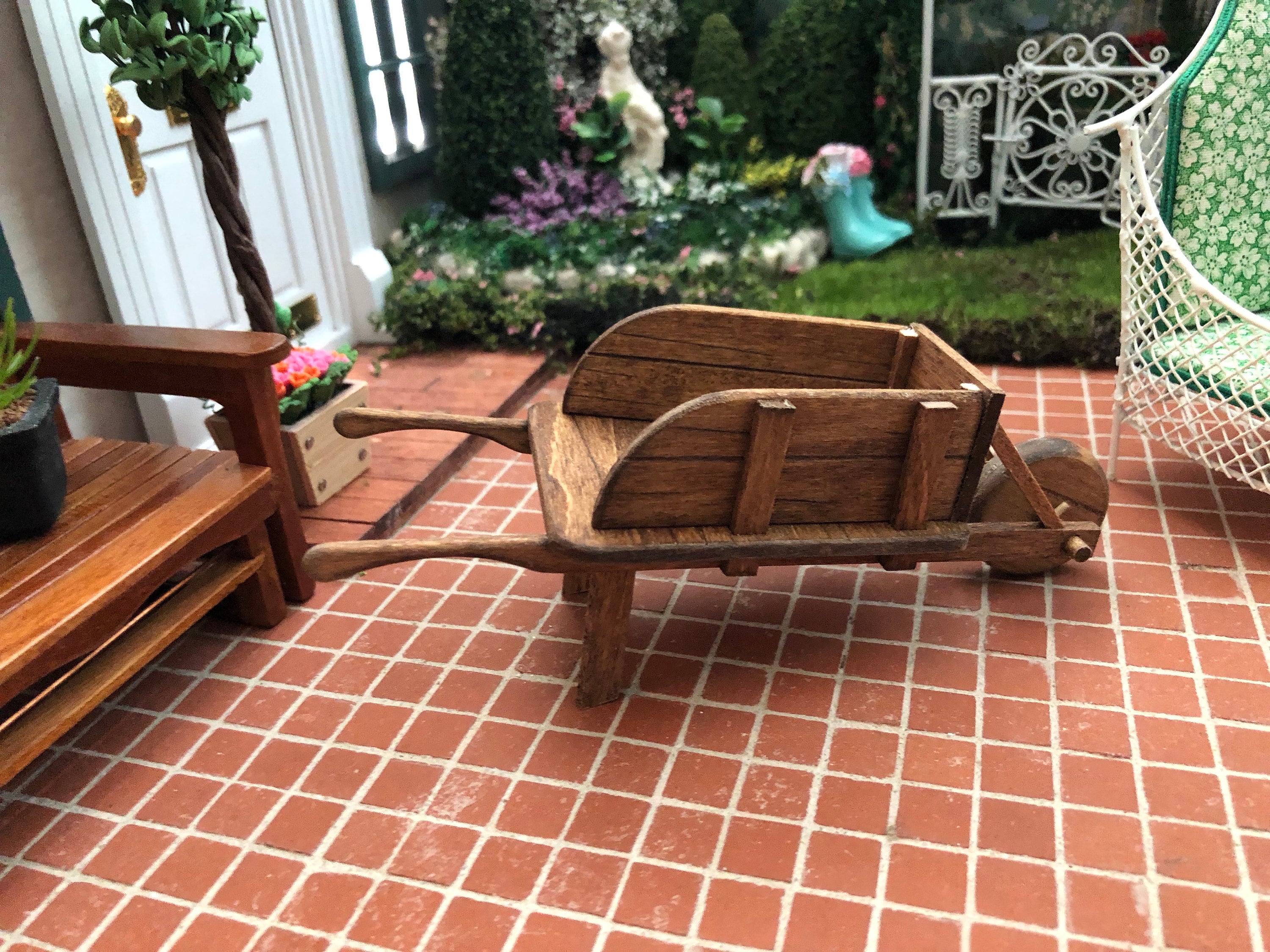 Miniature Wheelbarrow, Hand Crafted Wood Wheelbarrow, Dollhouse Miniature, 112 Scale, Dollhouse