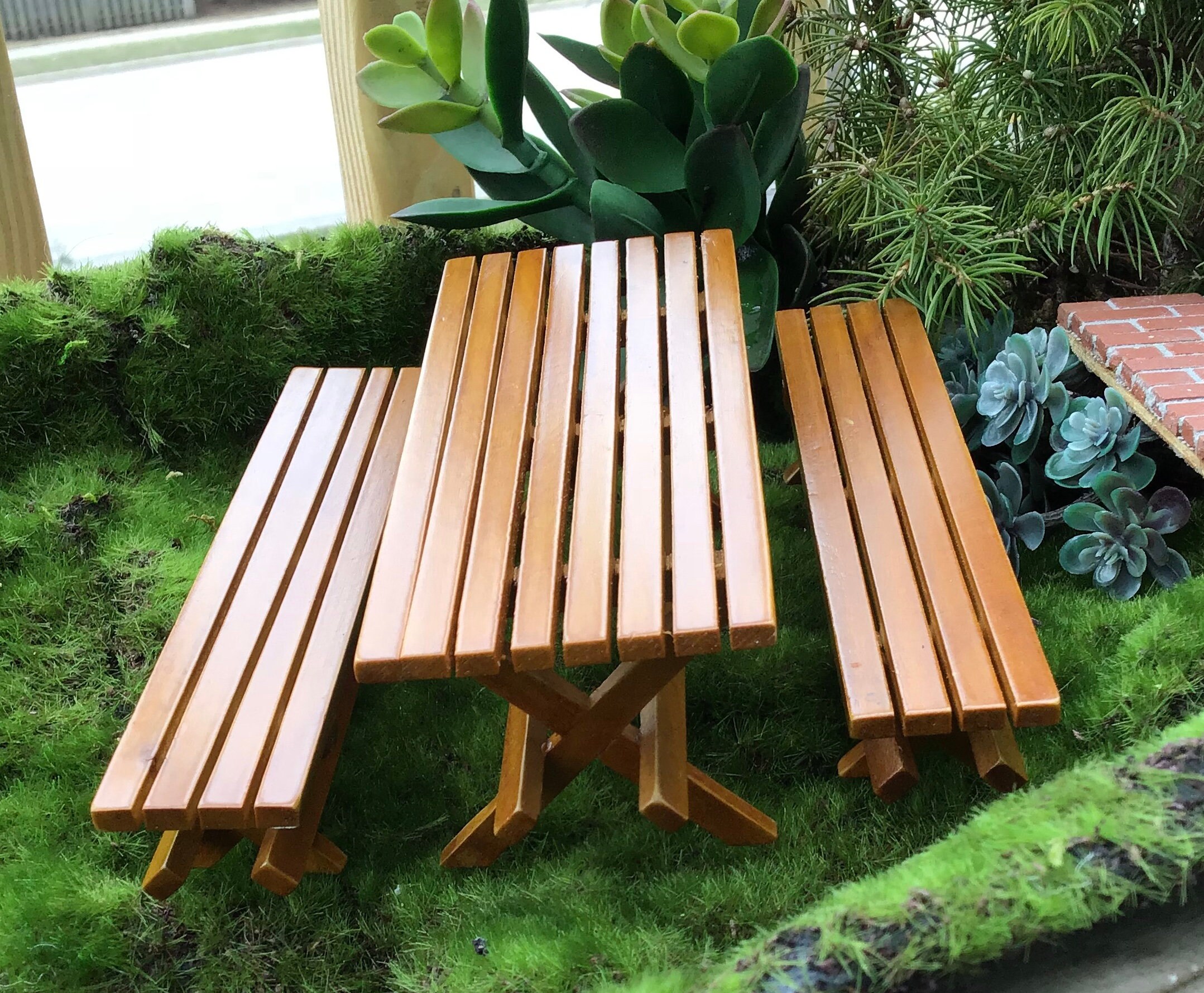 Miniature Picnic Table and Benches, 3 Pc Set, Wood Picnic Table