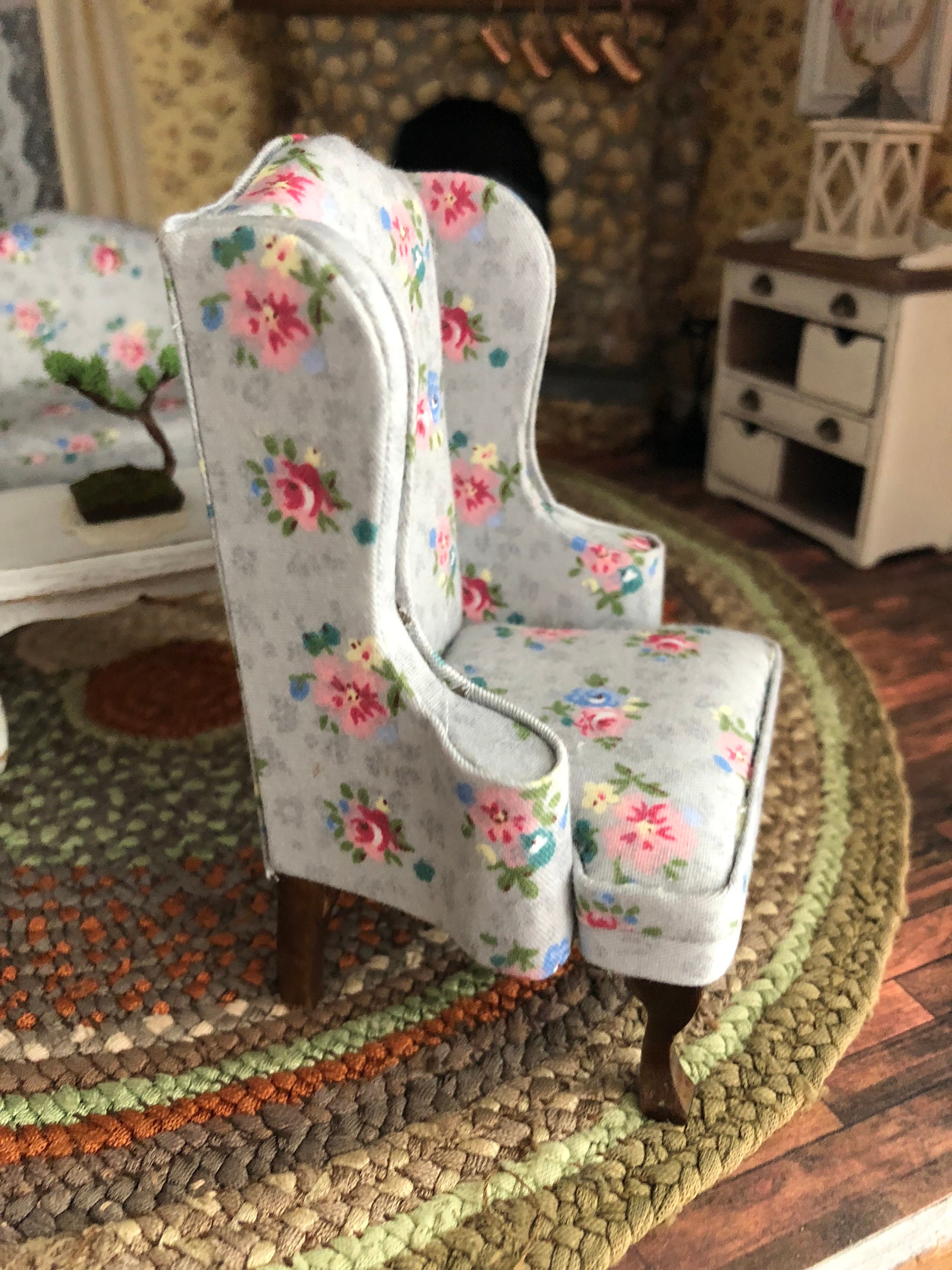 Miniature Armchair, Gray Floral Fabric Chair With Walnut Legs