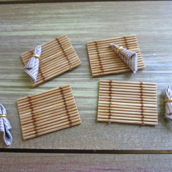 Miniature Bamboo Placemat And Napkin Set, 8 Piece Set, Style #5B, Dollhouse Miniatures, 1:12 Scale, Mini Place Mats And Napkins