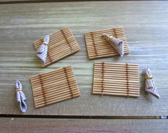 Miniature Bamboo Placemat And Napkin Set, 8 Piece Set, Style #5B, Dollhouse Miniatures, 1:12 Scale, Mini Place Mats And Napkins