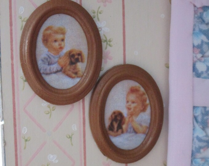 Miniature Framed Oval Pictures, Bedtime Prayer, Boy & Girl Praying With Pet Pictures, 2 Piece Set, Dollhouse 1:12 Scale Miniatures, Decor
