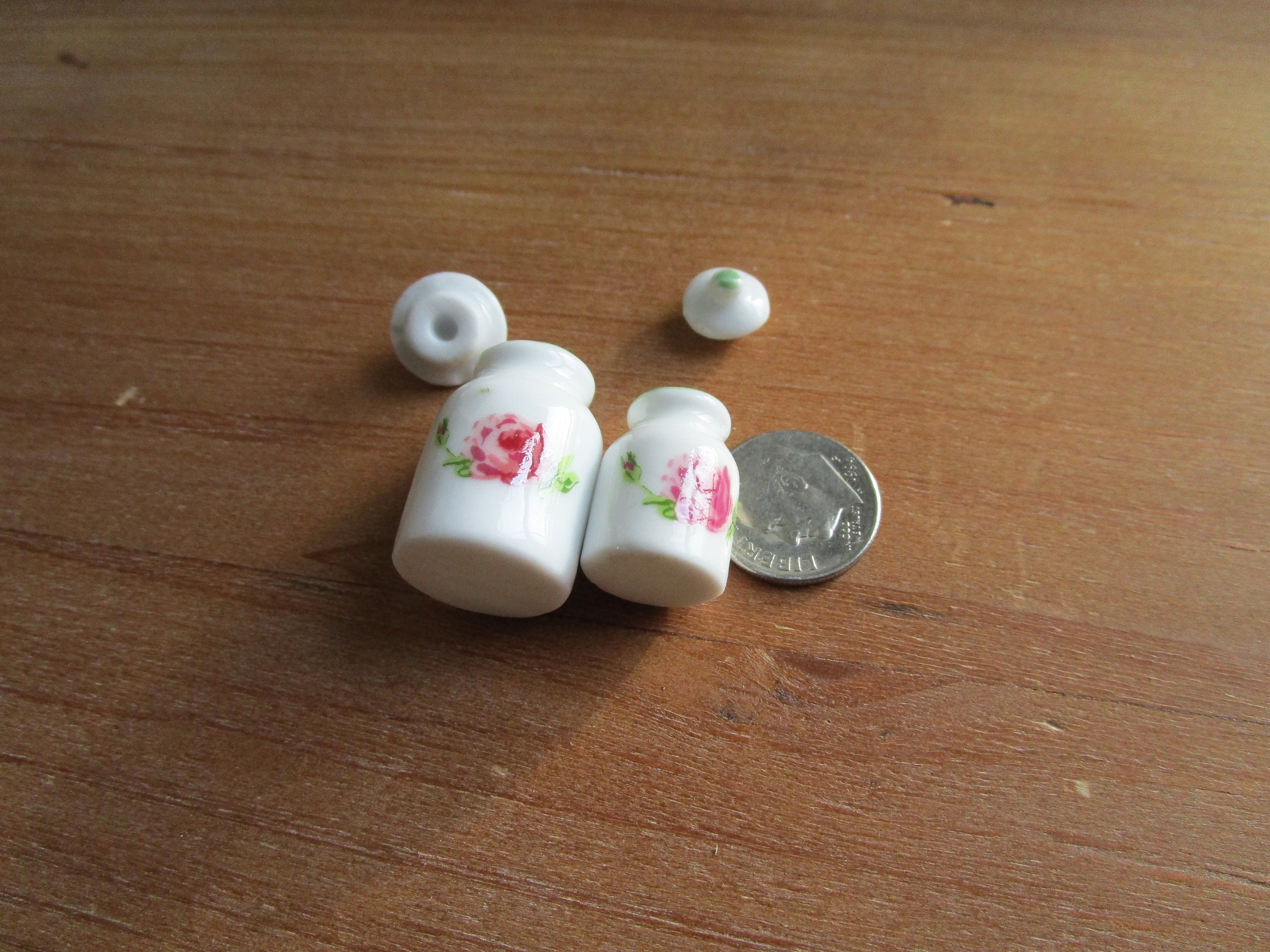 Miniature Rose Jars, Mini Ceramic Rose Jars With Removable Tops, 2 Piece Set, Style 24