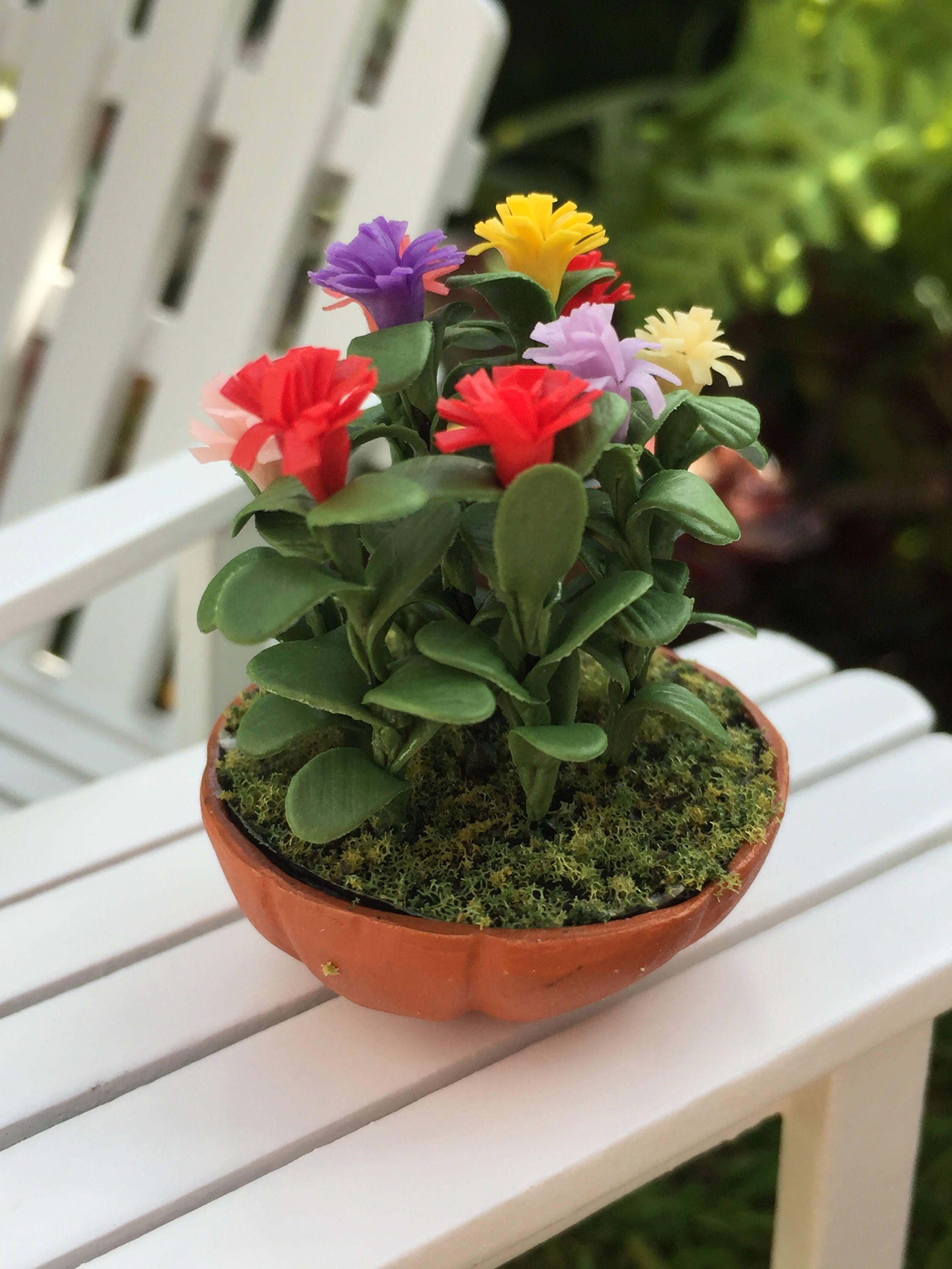 Miniature Lilliput Zinnias in Clay Flower Pot, Dollhouse Miniature, 112 Scale, Dollhouse