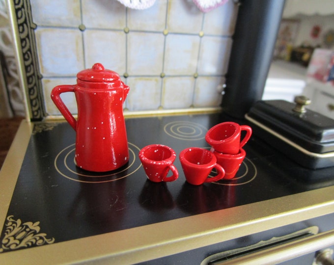 Miniature Red Enamelware Look Coffee Pot And Mugs Cups Set, Style #05,  Dollhouse Miniature, 1:12 Scale, Dollhouse Accessory, Decor