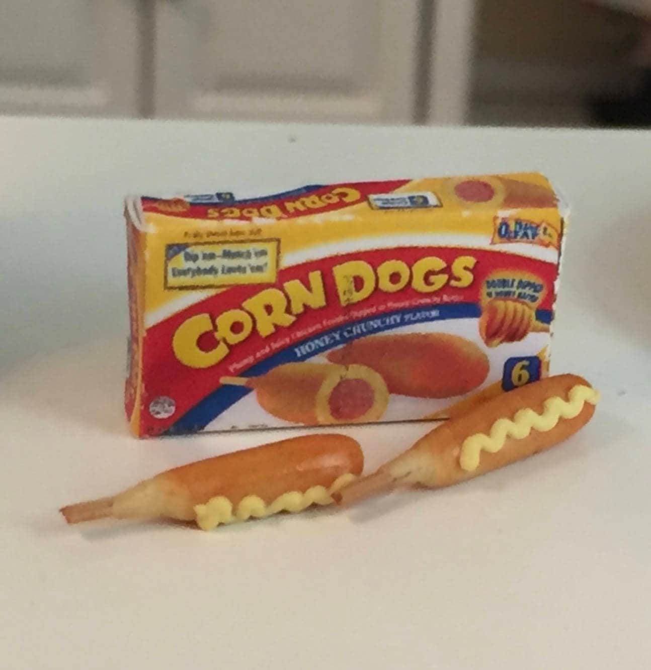 Miniature Corn Dogs, Mini Food, Corn Dog Box and 2 Corn Dogs, Dollhouse