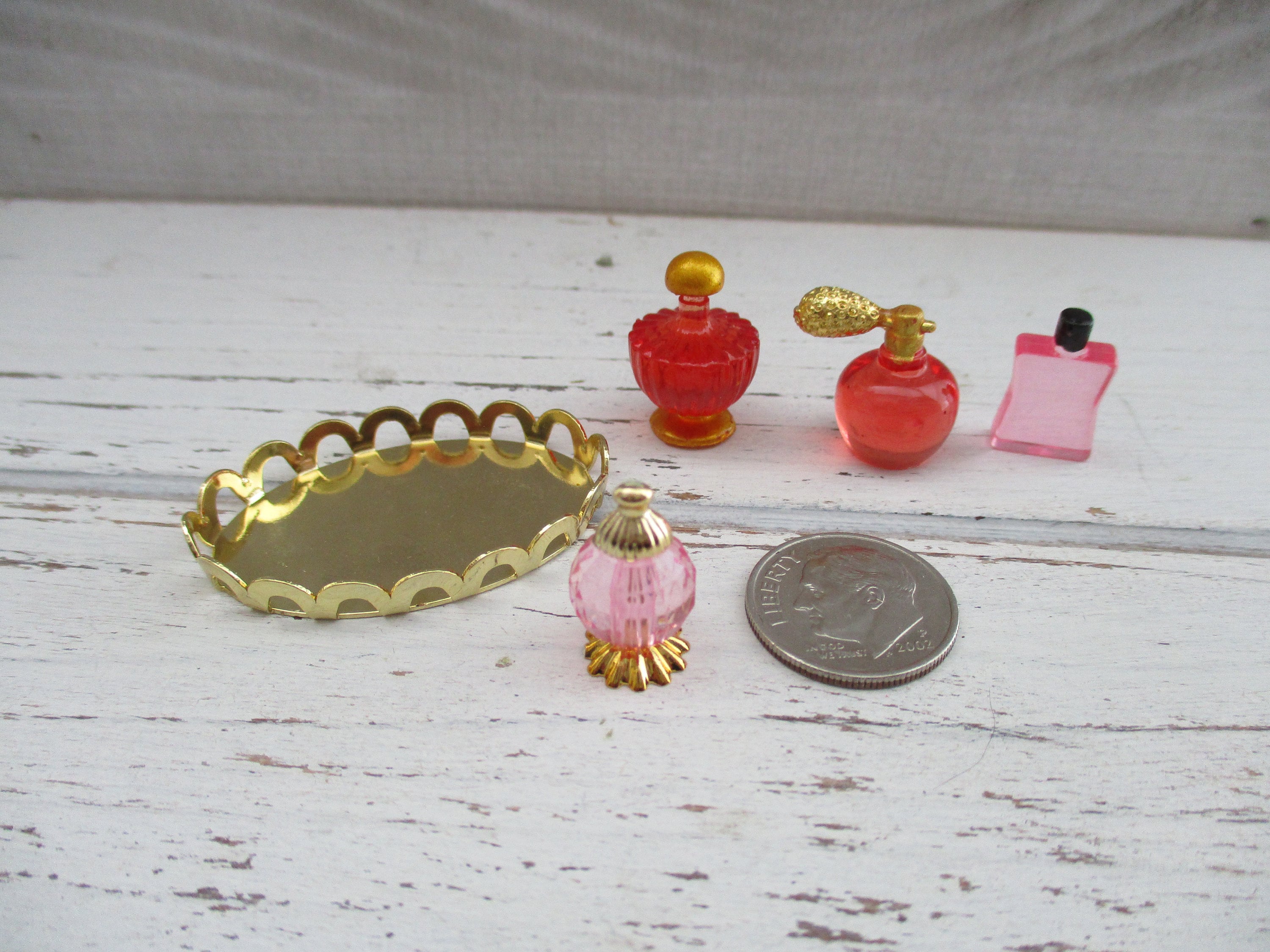 Miniature Perfume Set, Mini Perfume Bottles and Gold Dresser Tray, 5