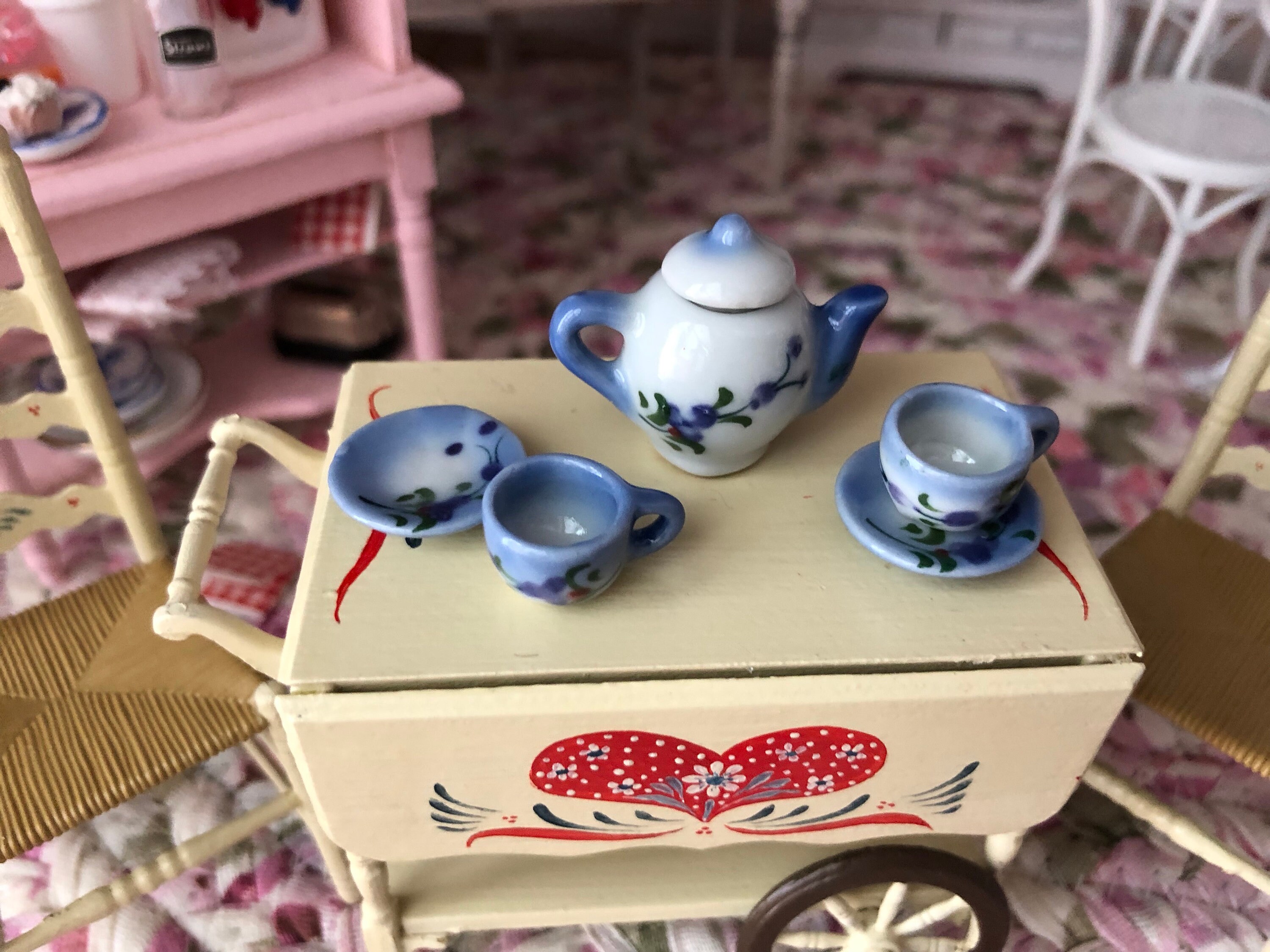 Miniature Tea Set, Blue and White Ceramic 6 Piece Mini Tea Set