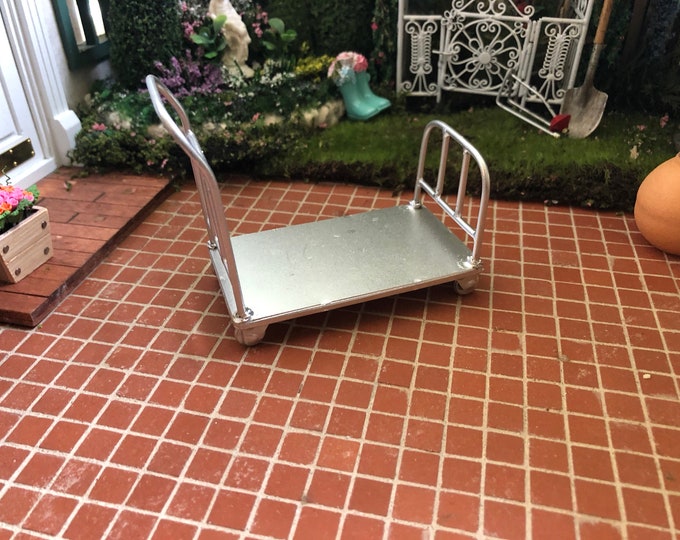 Miniature Silver Utility Cart, Mini Rolling Cart, Dollhouse Miniature, 1:12 Scale, Dollhouse Accessory, Mini Handle Flat Bed Cart