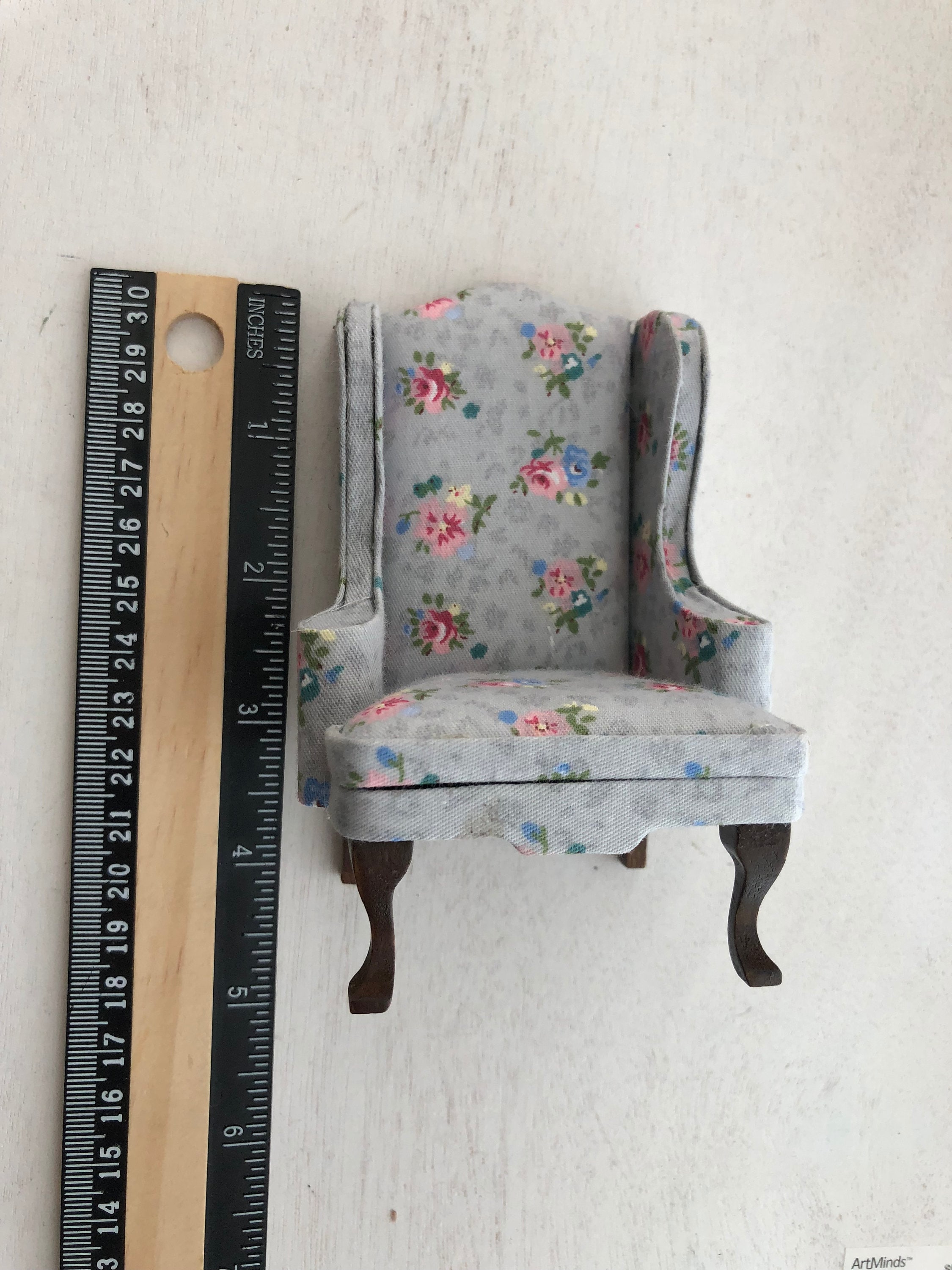 Miniature Armchair, Gray Floral Fabric Chair With Walnut Legs