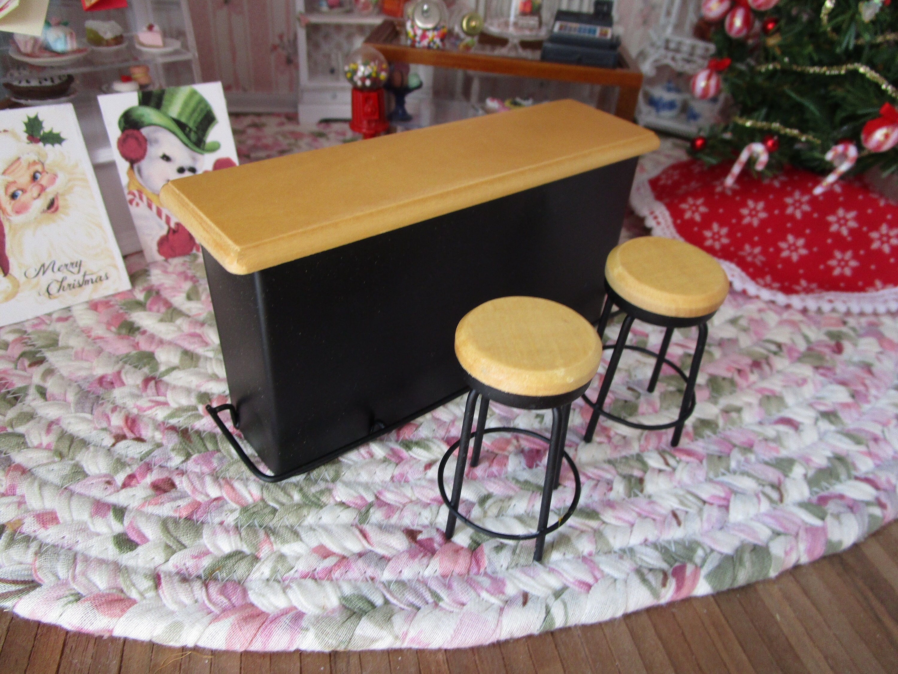 Miniature Counter And Stool Set, Mini Black Metal And Wood Bar Counter