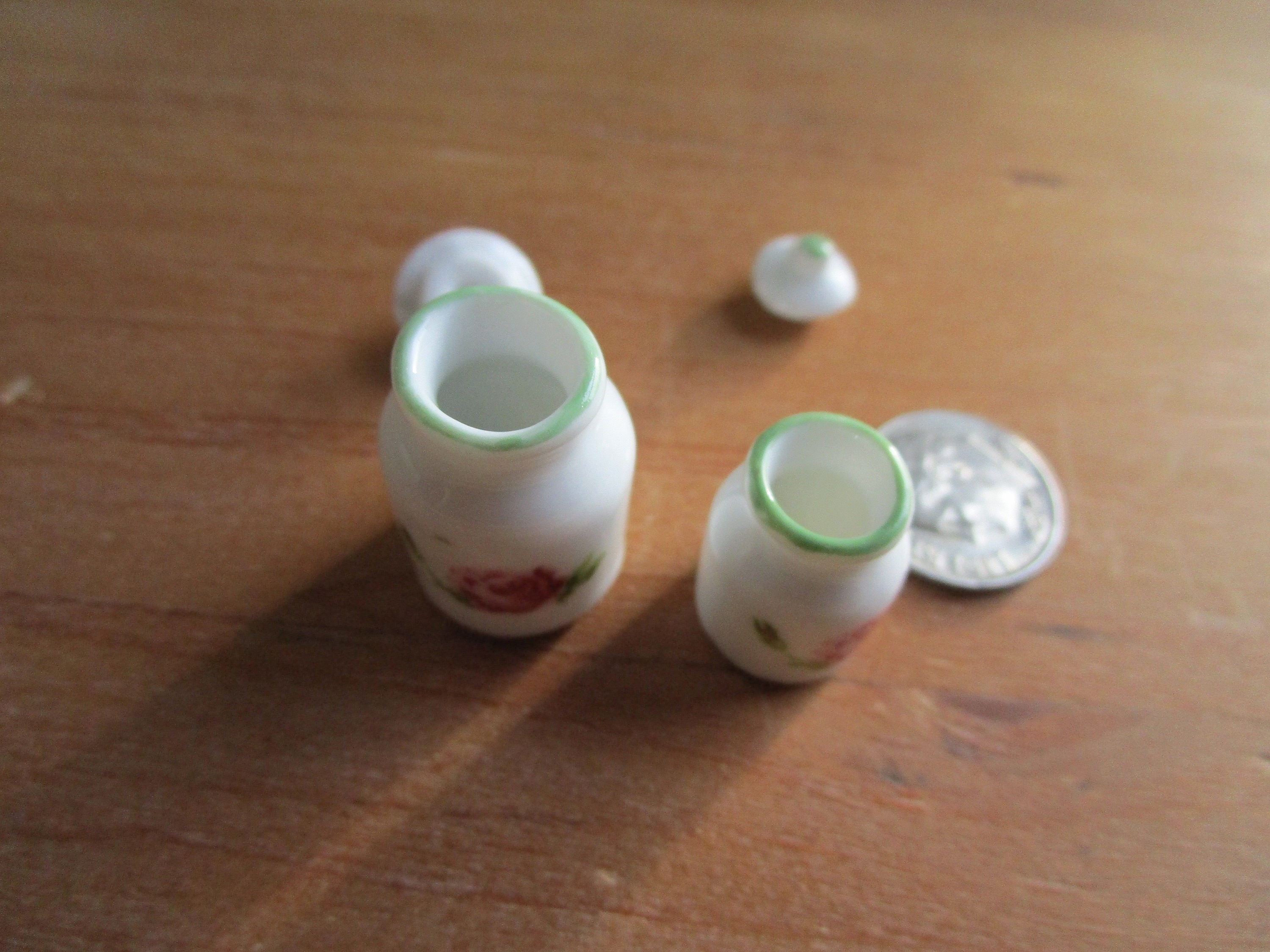 Miniature Rose Jars, Mini Ceramic Rose Jars With Removable Tops, 2 Piece Set, Style 24